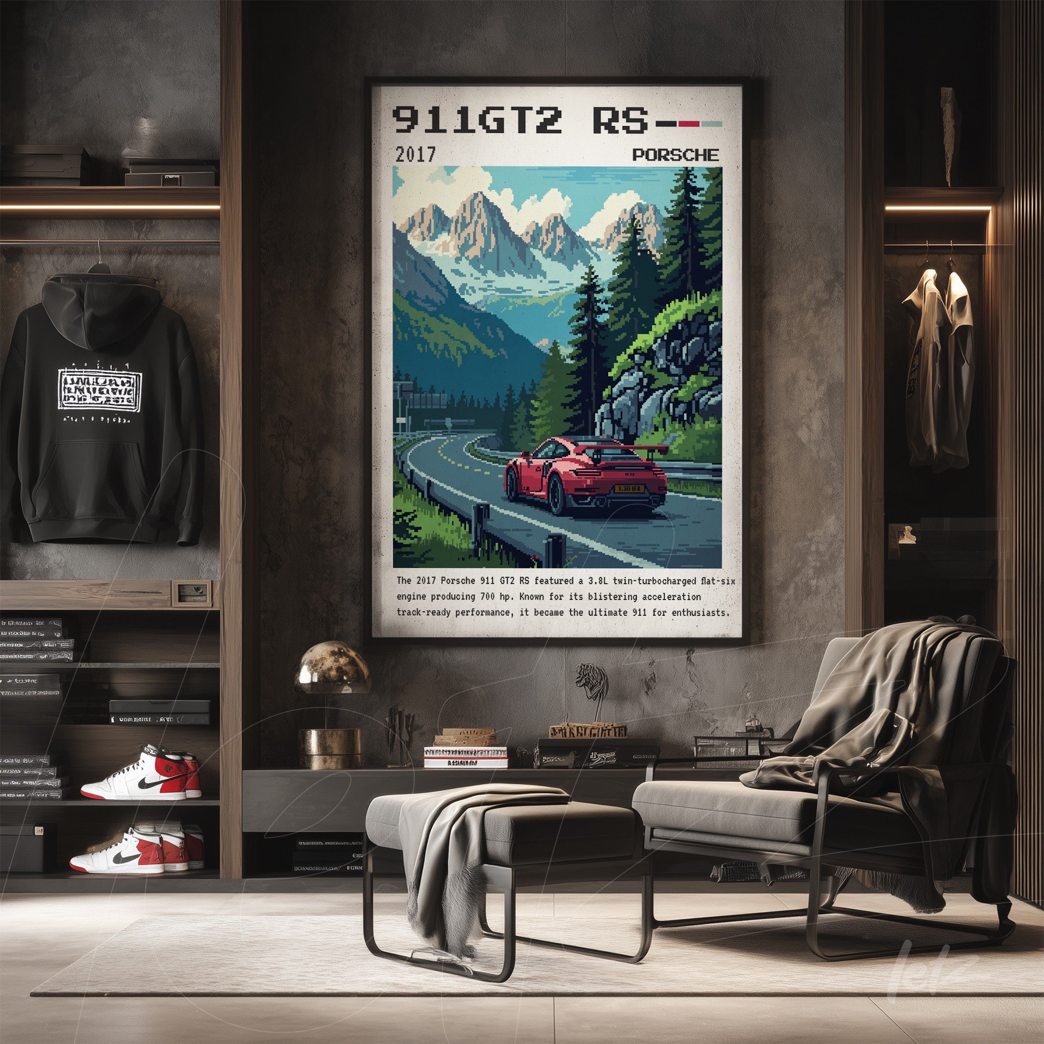 framed wall art featuring retro style illustration of Porsche 911 GT2 RS with mountains in the background displayed on a gray wall
