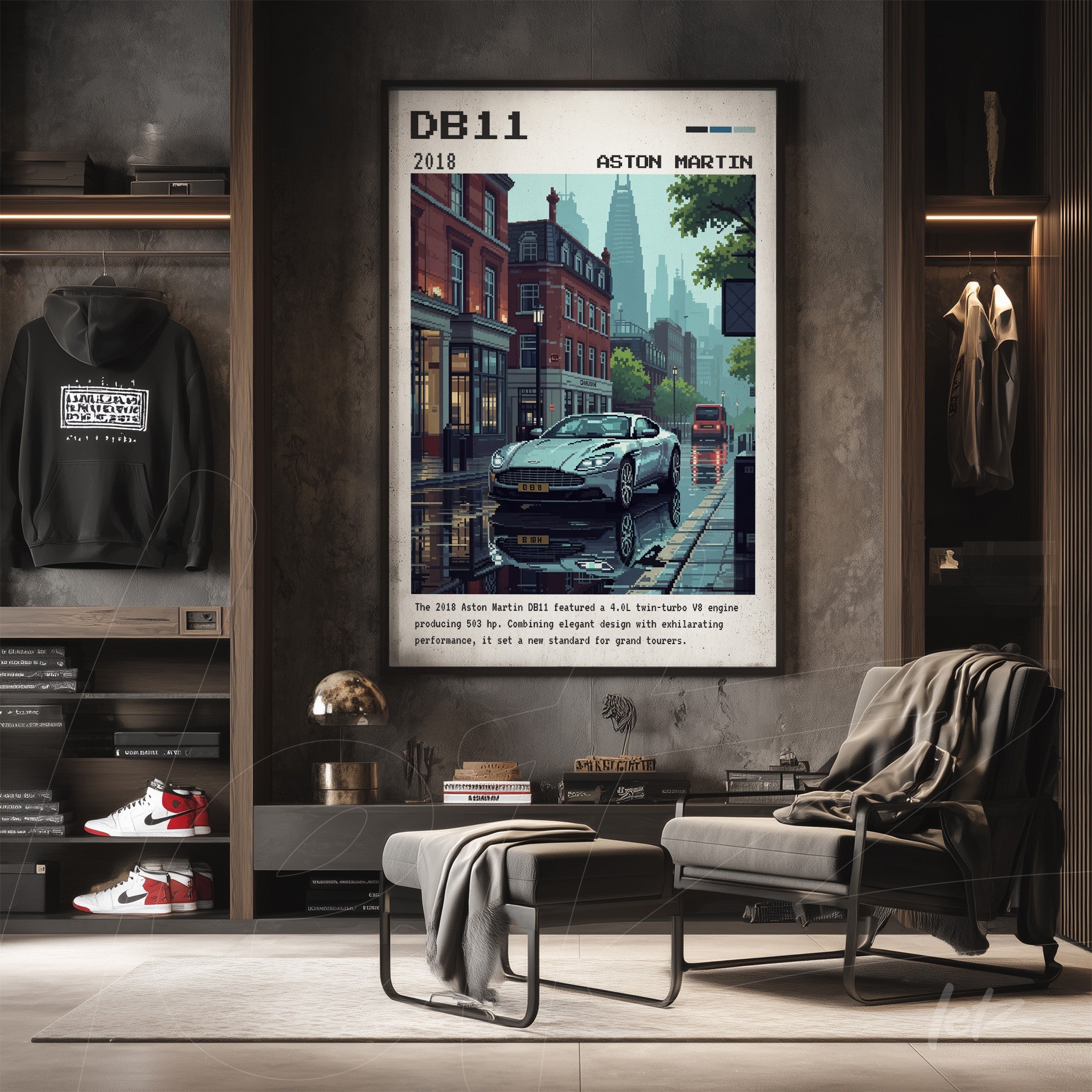 framed artwork featuring the aston martin db11 in an urban setting with skyscrapers in the background