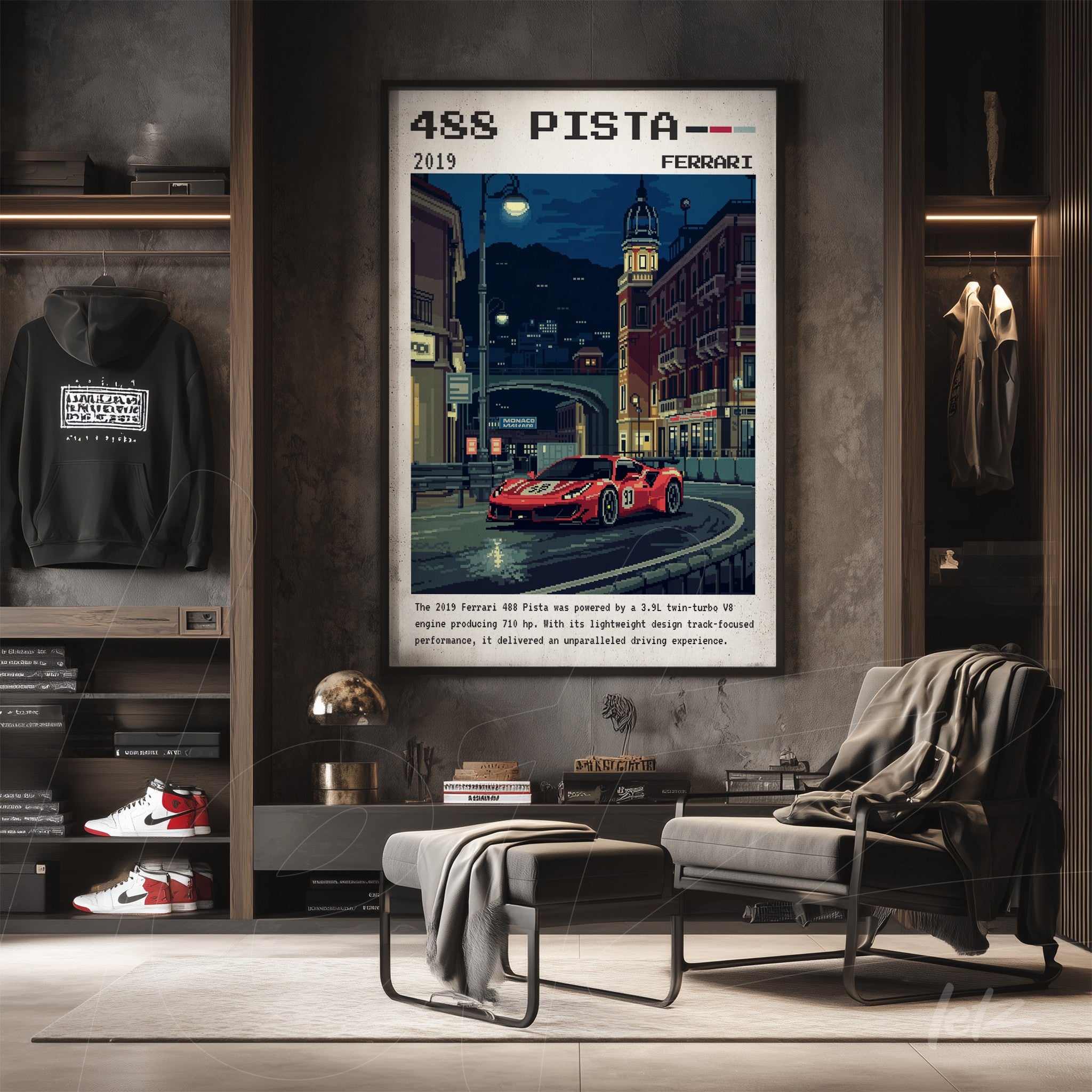 framed digital art of the ferrari 488 pista in retro style displayed on a dark wall with urban decor details