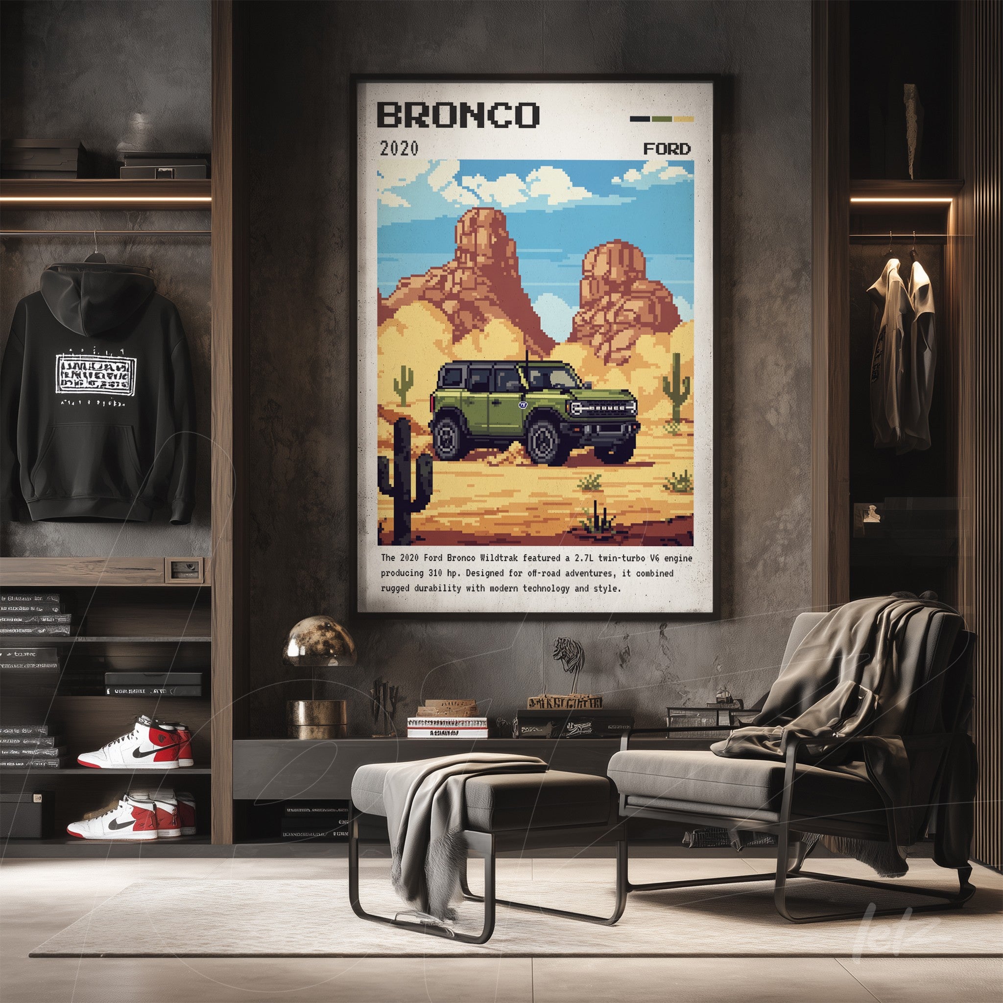 pixel art framed illustration of Ford Bronco 2020 in rustic setting with wooden wall