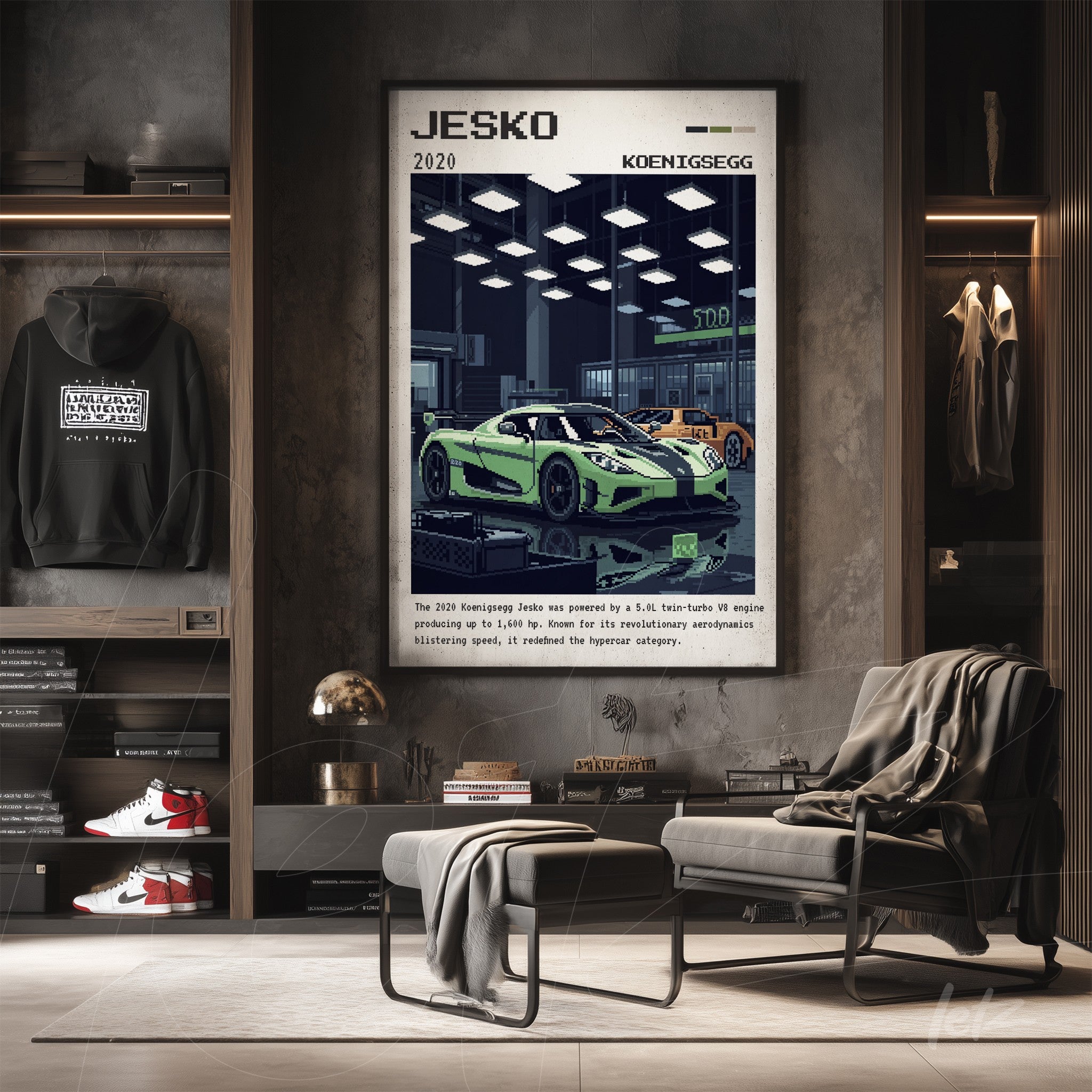 retro style digital artwork of sports cars on display under modern lights with dark frame