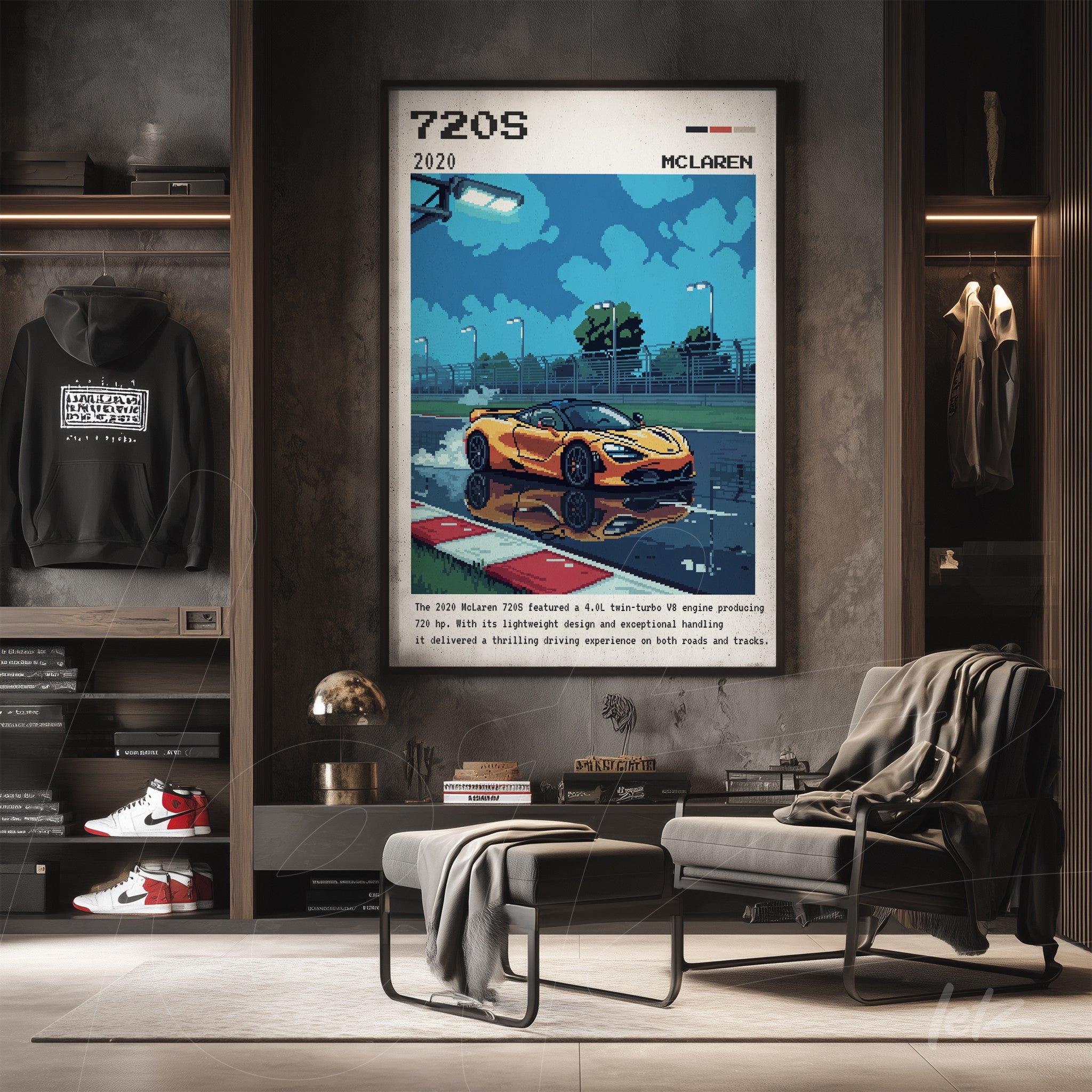 framed digital art of McLaren 720S sports car displayed on a brick wall in retro style