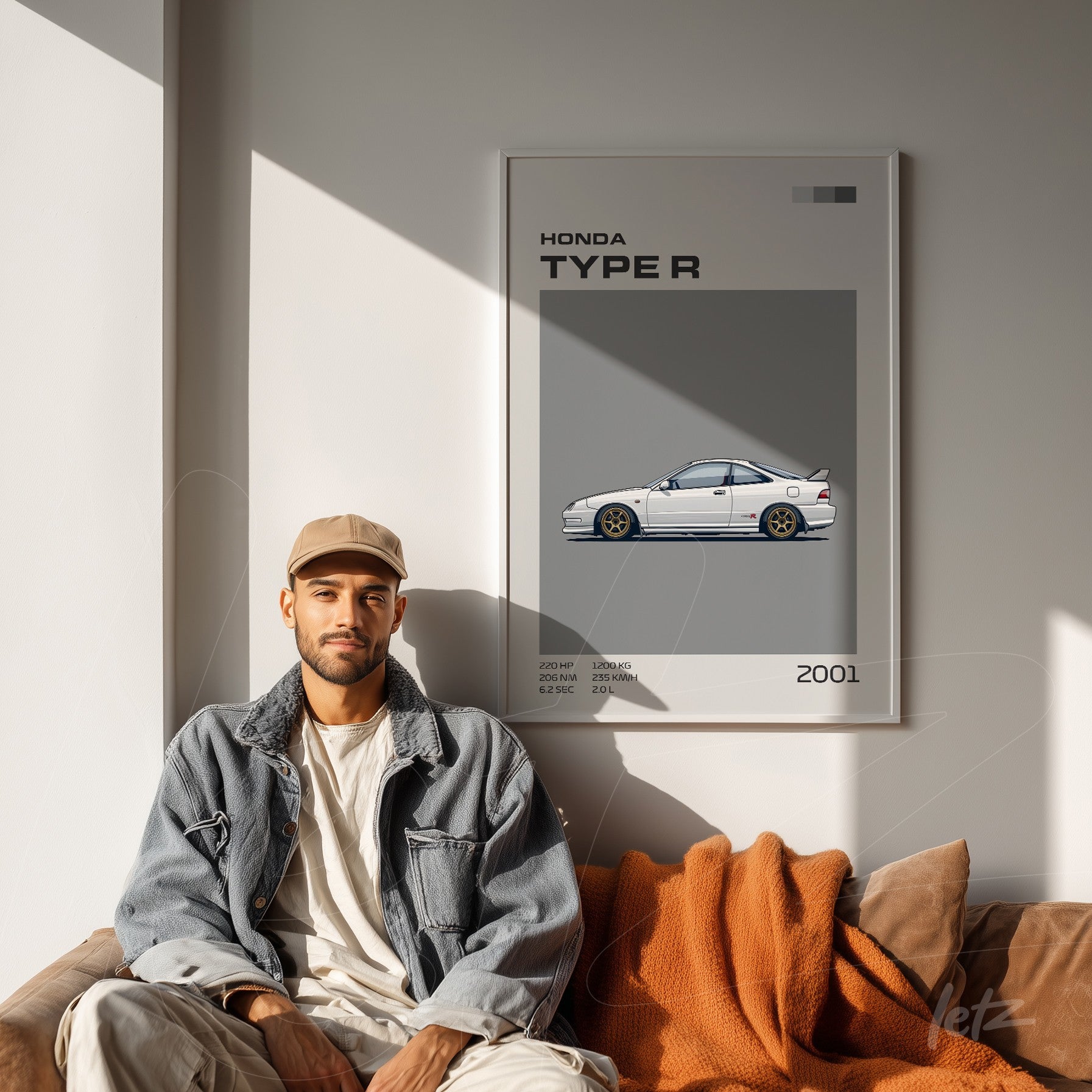 framed wall art featuring digital illustration of Honda Type R in light frame displayed on wall with natural light