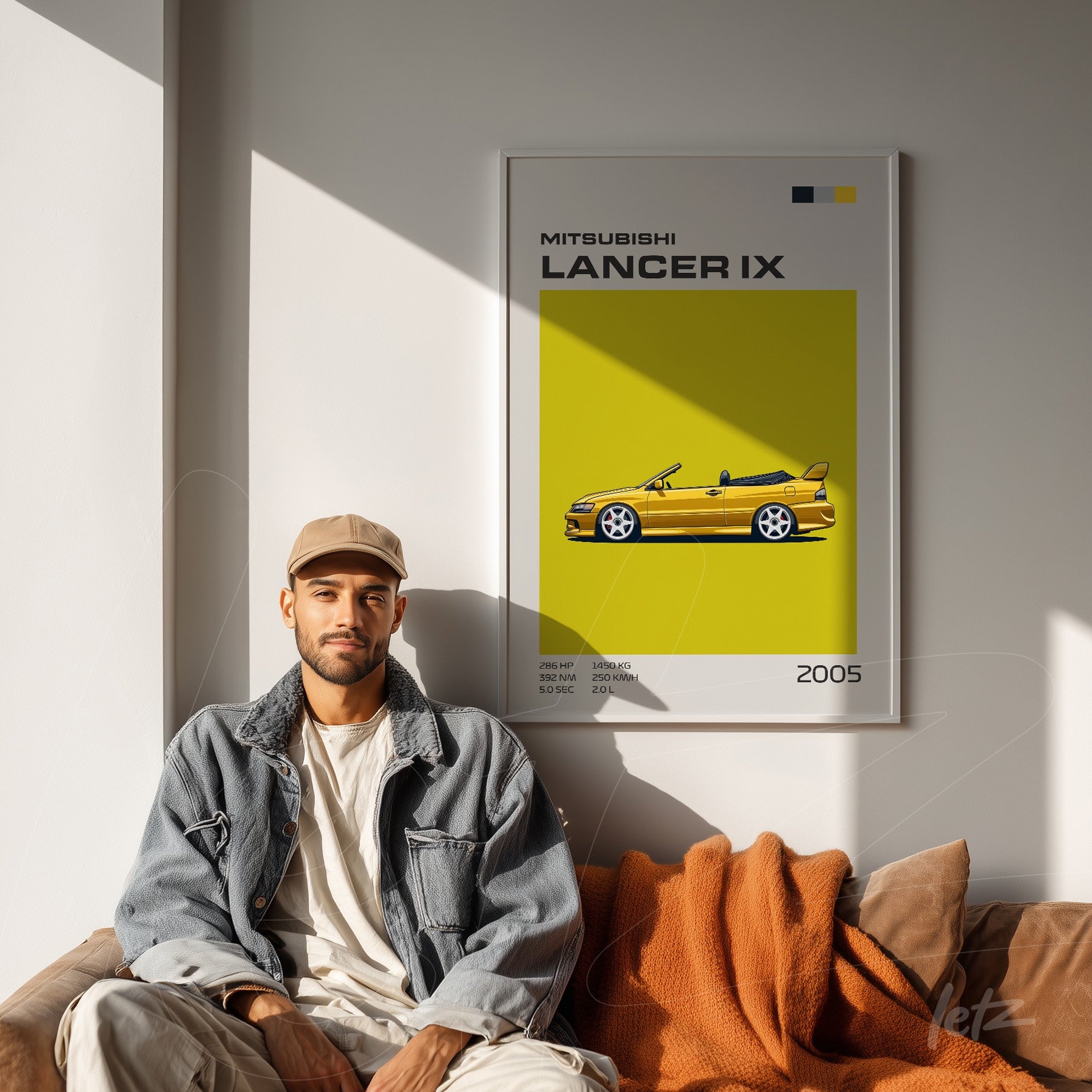 framed art print featuring an illustration of the Mitsubishi Lancer IX on a vibrant yellow background displayed over a brown sofa
