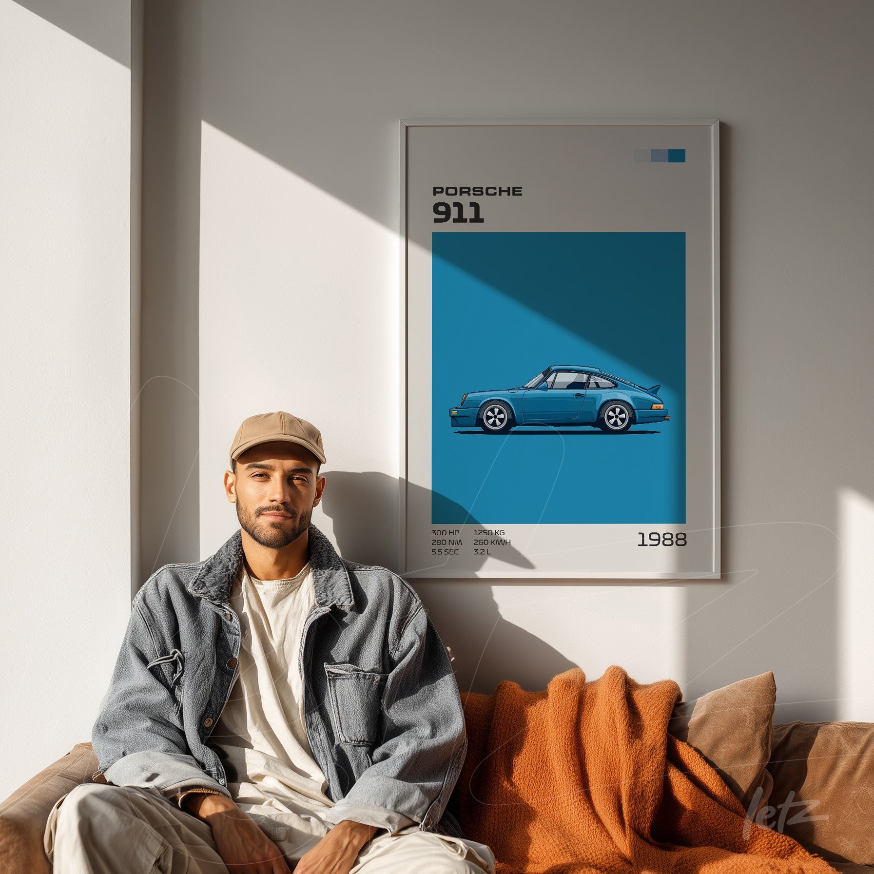 framed minimalist art of Porsche 911 car in white frame against light wall
