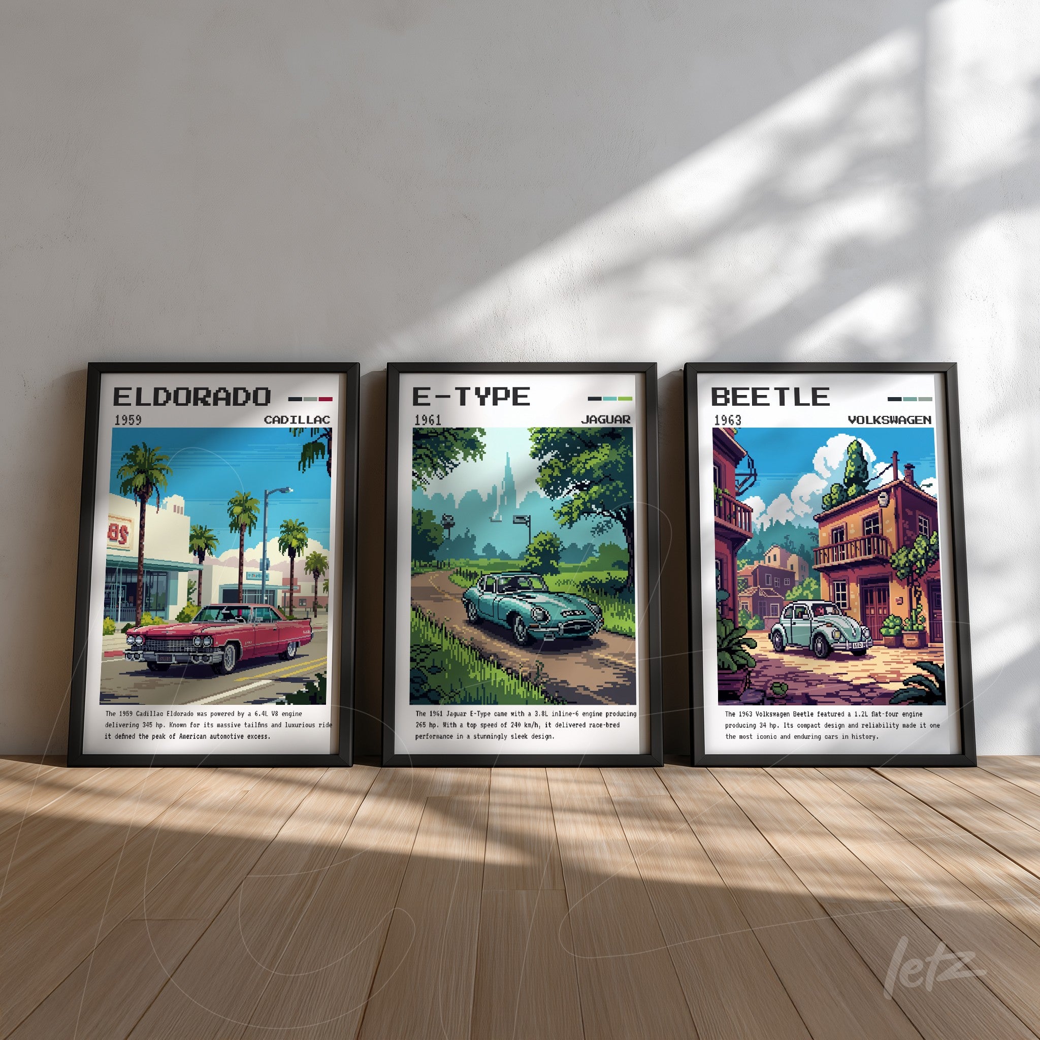 set of framed vintage illustrations of classic cars featuring a 1955 cadillac eldorado, a 1961 jaguar e-type, and a 1953 volkswagen beetle in black frames against a light background