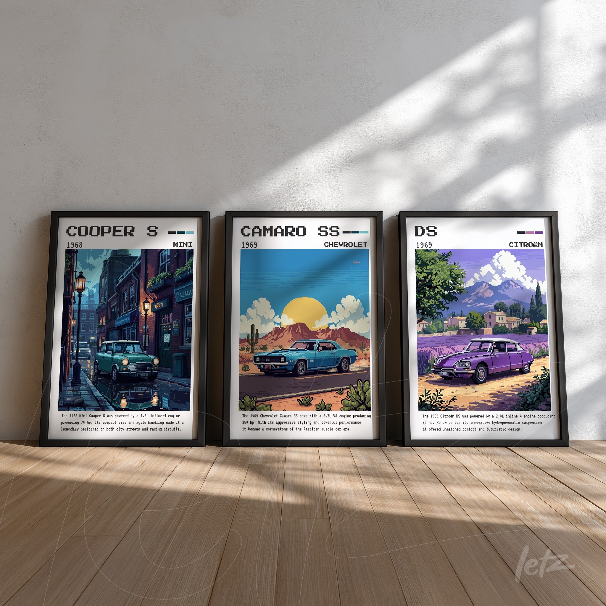 collection of framed vintage car illustrations featuring a 1968 Mini Cooper S, a 1969 Camaro SS, and a 1955 Citroën DS in black frames against a light background