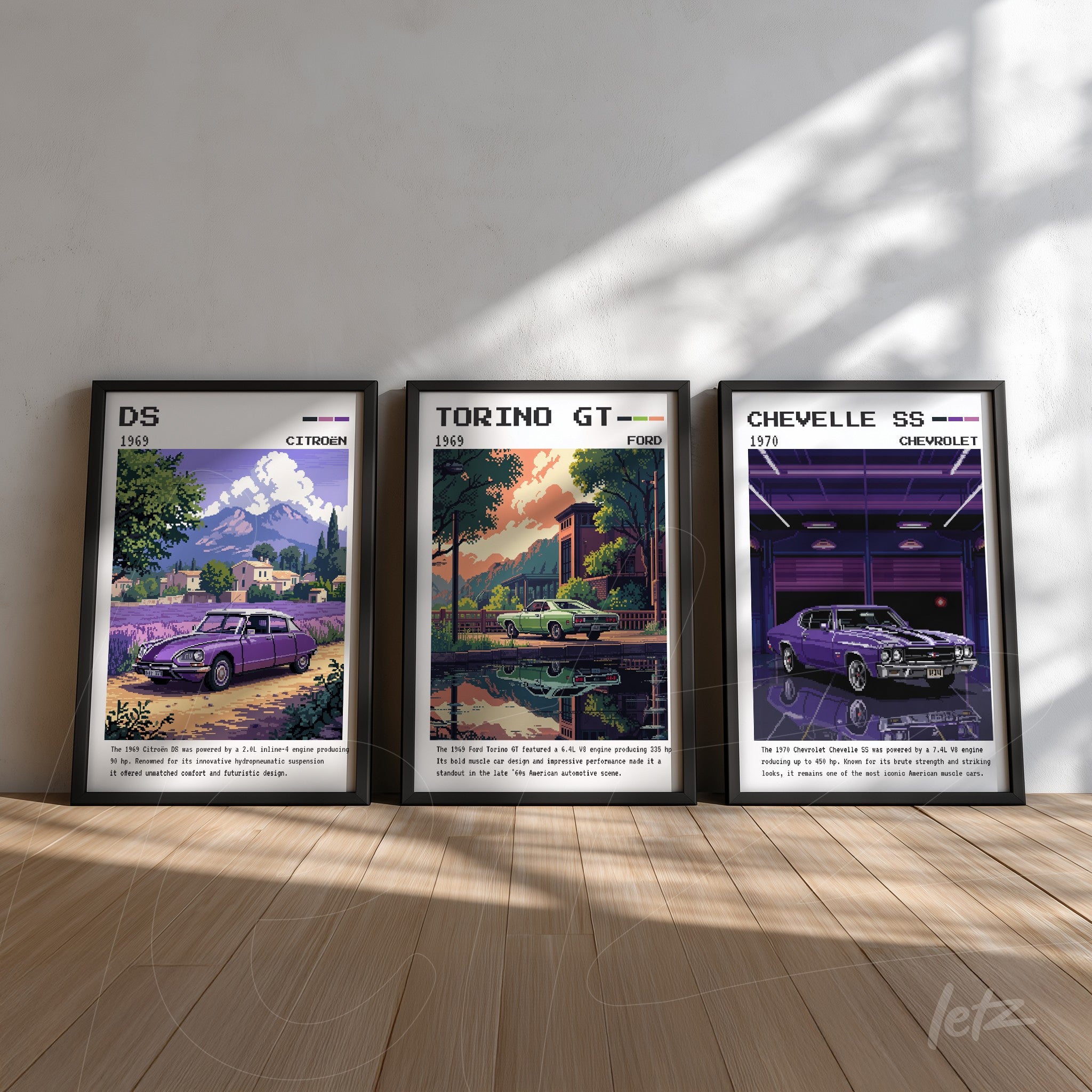 composition of three framed wall arts showcasing vintage cars, featuring a 1956 Citroën DS, a 1969 Ford Torino GT, and a 1970 Chevrolet Chevelle SS against a light background and wooden floor