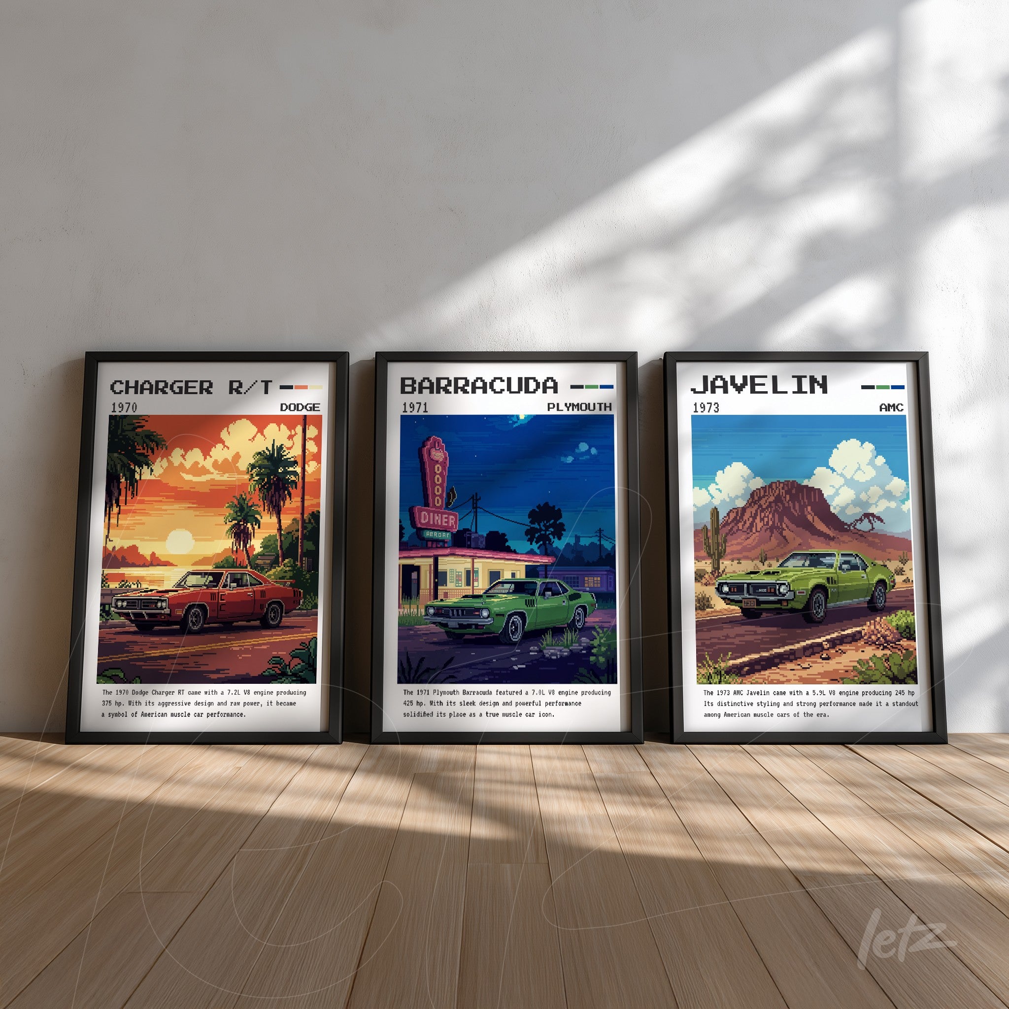 collection of framed artwork featuring classic cars: dodge charger r/t 1972, plymouth barracuda 1971, and amc javelin 1973 in black frames on white wall