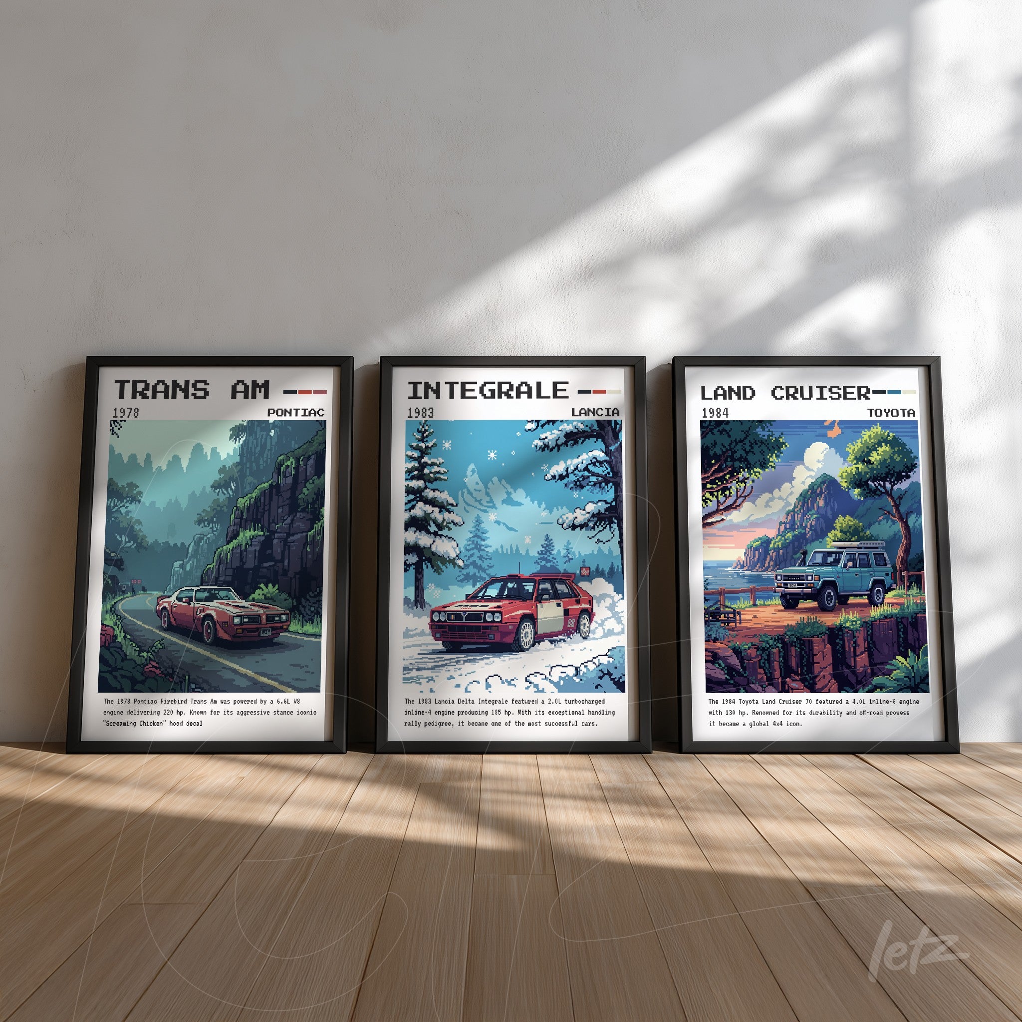 series of framed artworks featuring retro illustrations of classic cars, including 1978 Trans Am, 1983 Integrale, and 1994 Land Cruiser, displayed against a light wall