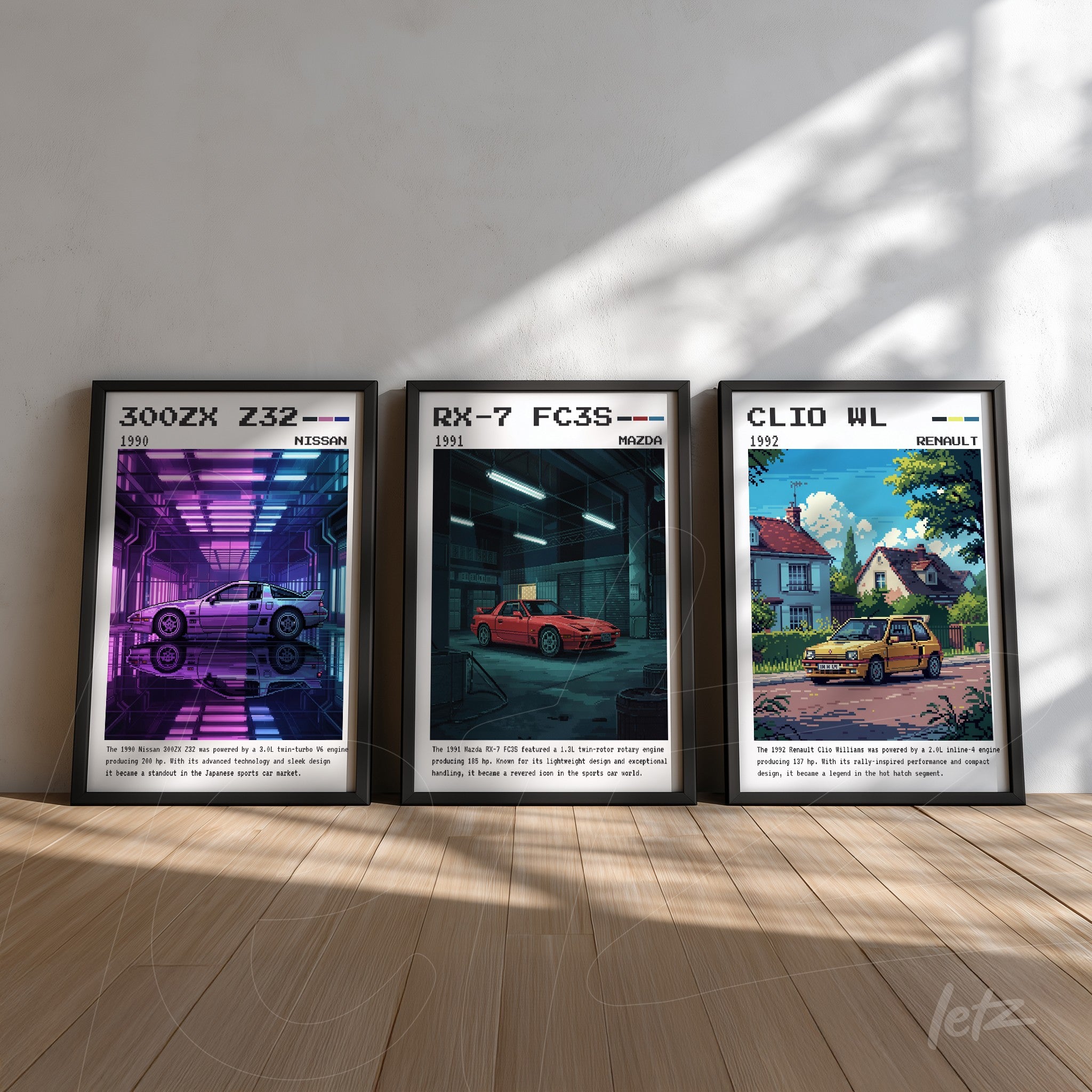 series of framed illustrations of classic cars featuring Nissan 300ZX Z32, Mazda RX-7 FC3S, and Renault Clio WL displayed on a light background