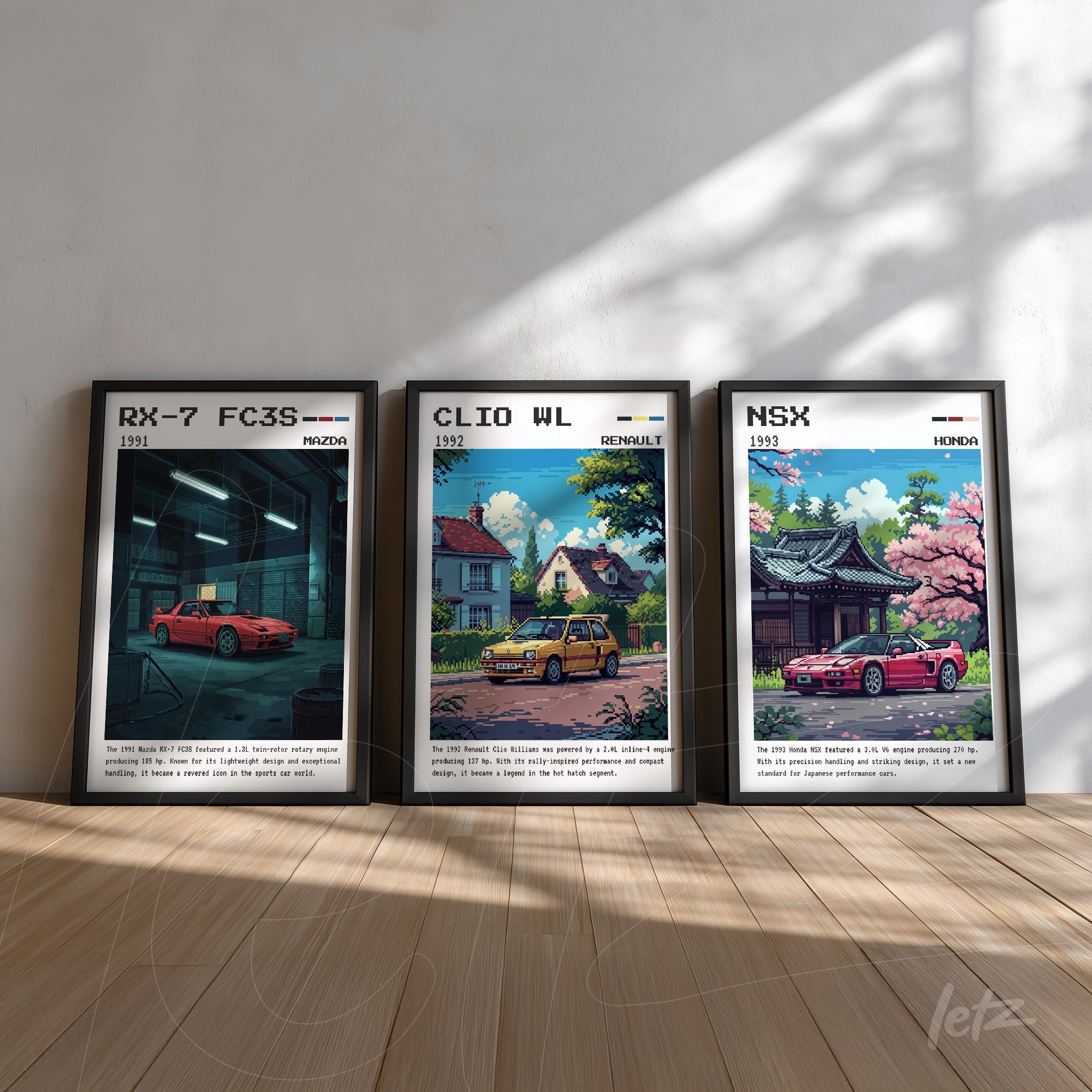 collection of framed artworks featuring classic cars, including rx-7 fc3s in an urban setting, clio wl in front of a house, and nsx with cherry blossoms