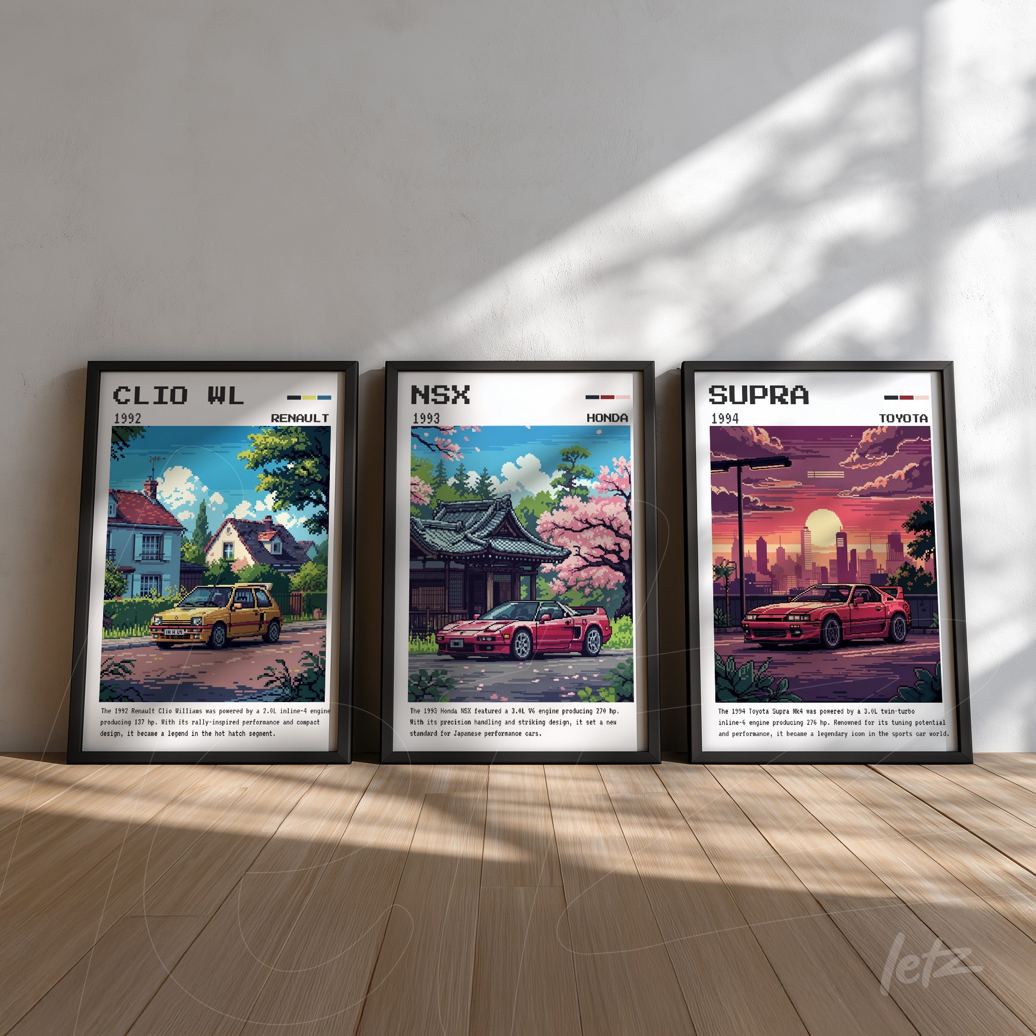 series of framed retro illustrations of classic cars featuring 1992 Renault Clio, 1993 Honda NSX, and 1994 Toyota Supra, all in black frames displayed on light wooden background