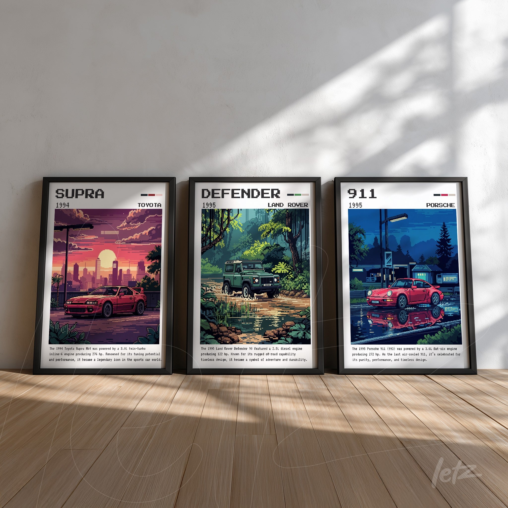 set of framed illustrations featuring classic cars, including 1984 Toyota Supra, 1955 Land Rover Defender, and Porsche 911 with black frames