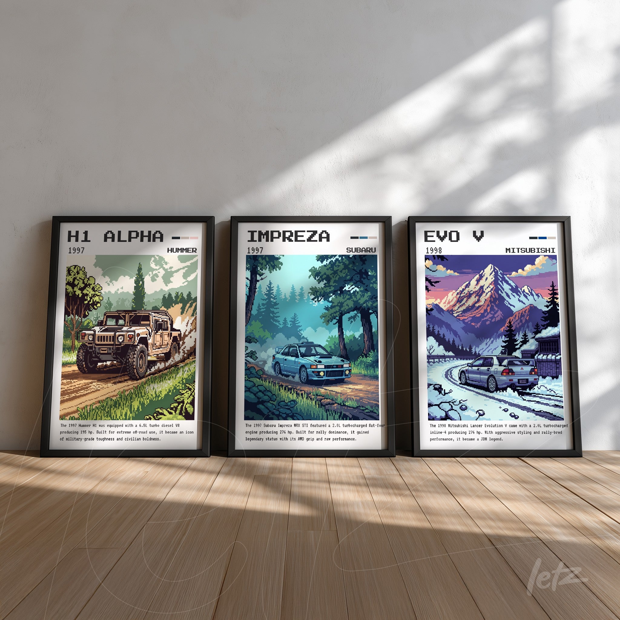 composition of vintage car wall art in black frames featuring H1 Alpha by Humvee, Subaru Impreza, and Mitsubishi EVO V against a light wood background