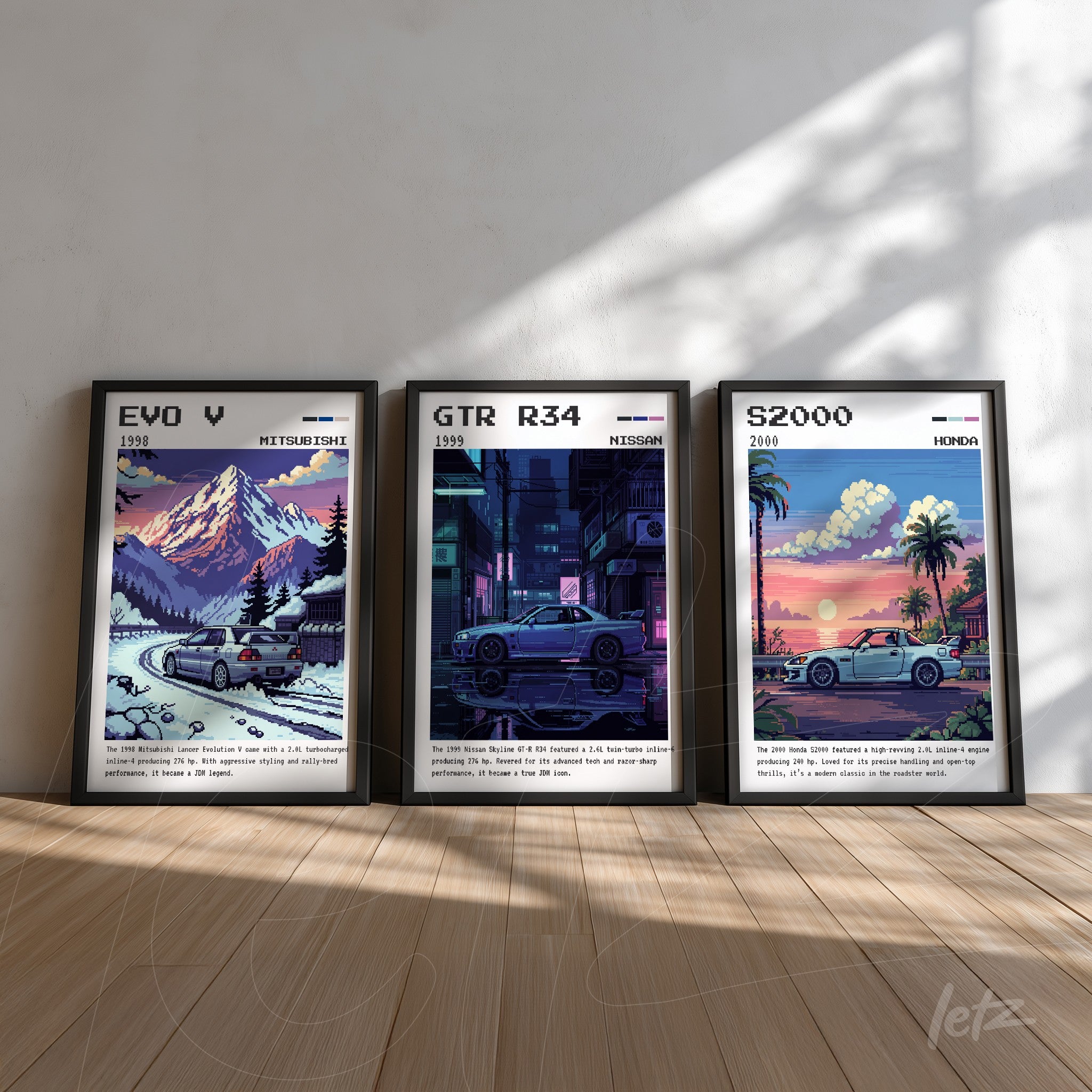 series of decorative framed prints featuring classic retro car illustrations, showcasing a 1998 Mitsubishi Evo V in the mountains, a 1999 Nissan GT-R R34 on an urban street, and a 2000 Honda S2000 against a sunset backdrop, all in sleek black frames