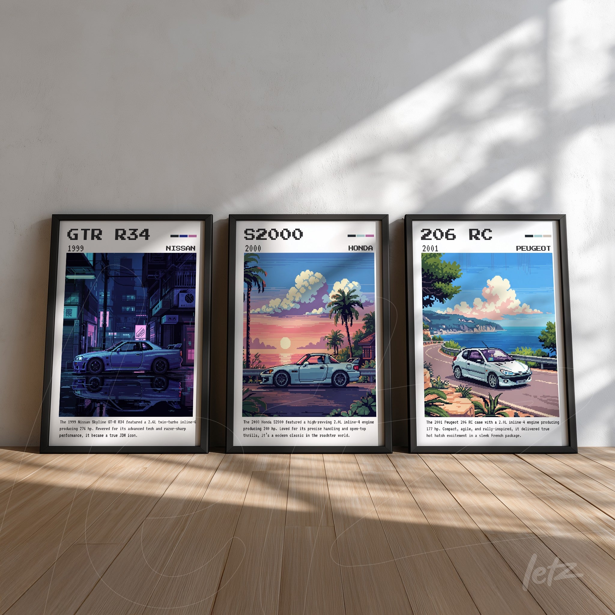collection of framed art featuring sports cars illustrations including Nissan GTR R34, Honda S2000, and Peugeot 206 RC against a light wall backdrop