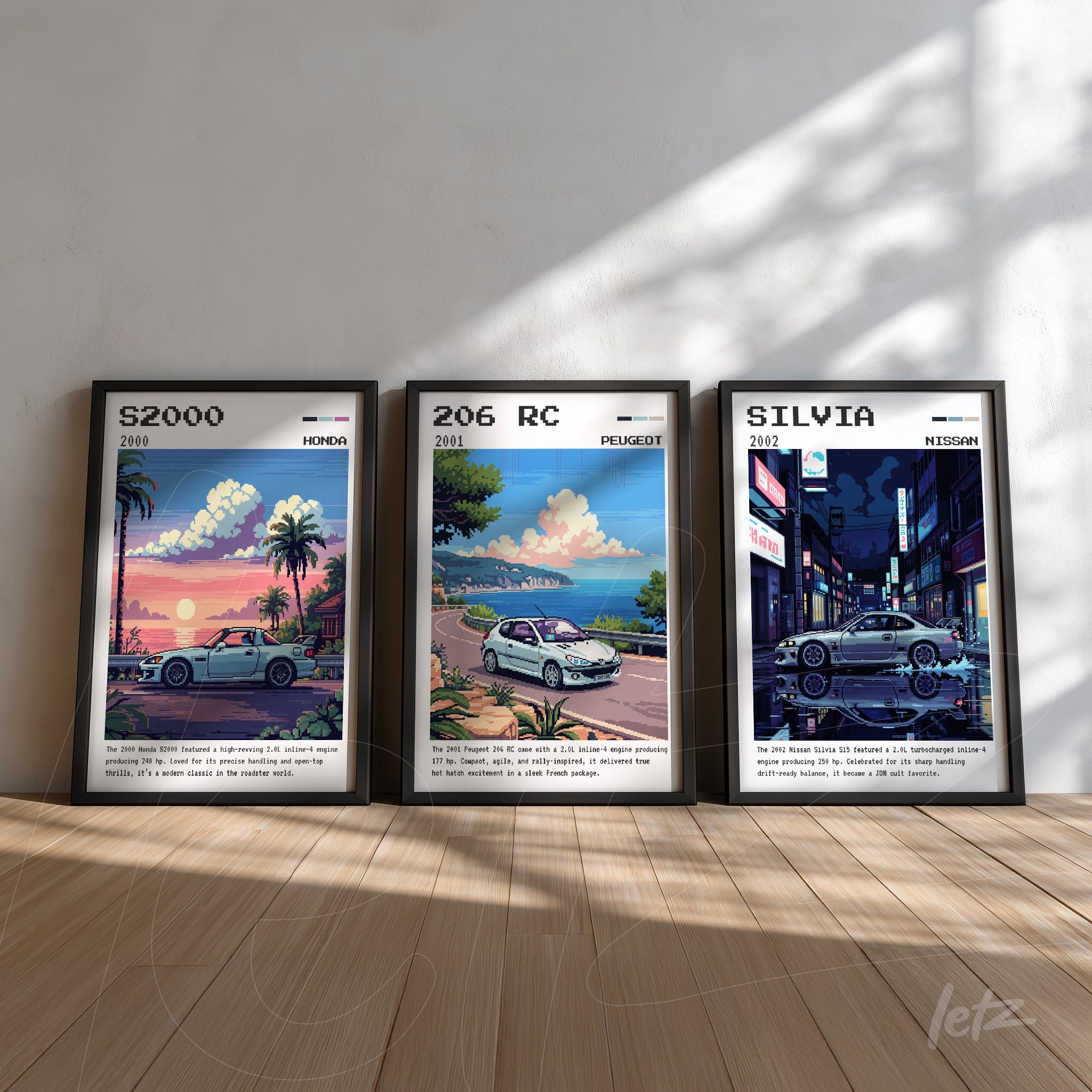 a composition of three framed artworks in black frames featuring iconic cars: honda s2000 under a pink sky, peugeot 206 rc against a coastal backdrop, and nissan silvia in a brightly lit urban setting at night
