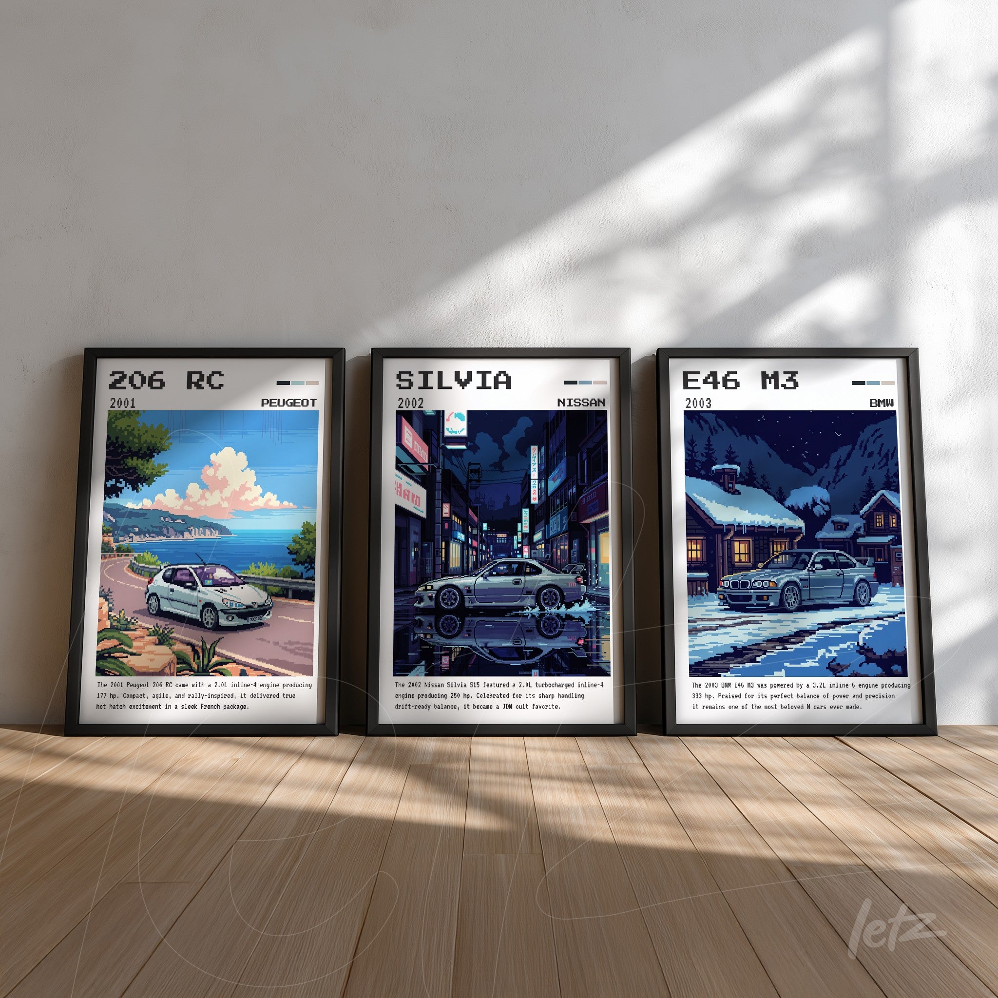 collection of framed artwork featuring stylized cars, including 206 RC from Peugeot in seaside setting, Silvia from Nissan in nighttime urban scene, and E46 M3 from BMW on snowy street, all in black frames with informative text