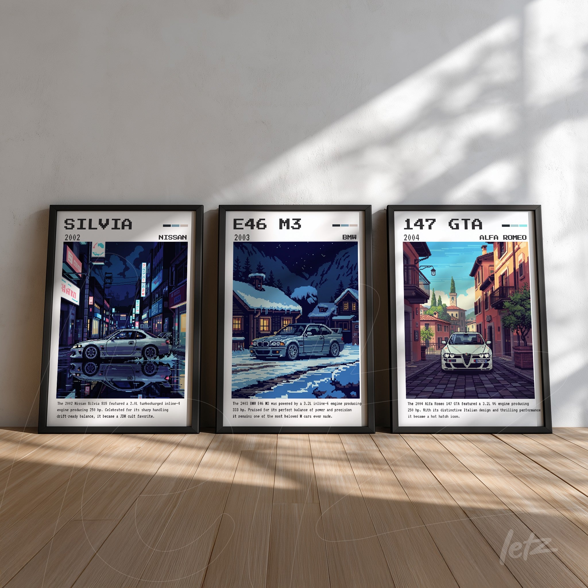 series of framed wall art featuring classic car illustrations, black frames, light wall background and wooden floor, showcasing the 2002 Nissan Silvia, 2004 BMW E46 M3, and 2004 Alfa Romeo 147 GTA in urban and rural settings
