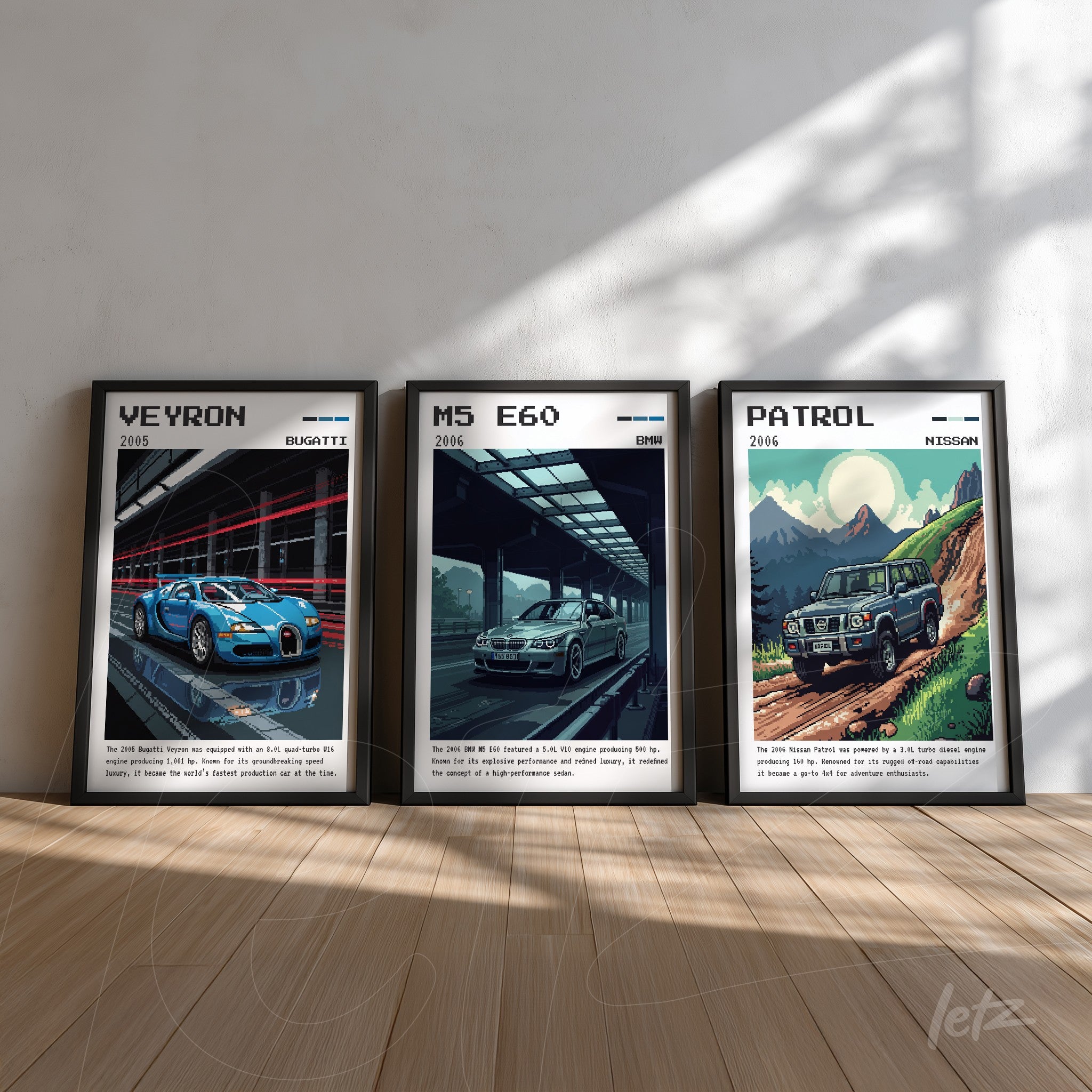 collection of decorative wall art featuring three iconic cars: Bugatti Veyron, BMW M5 E60, and Nissan Patrol, displayed in black frames on wooden floor