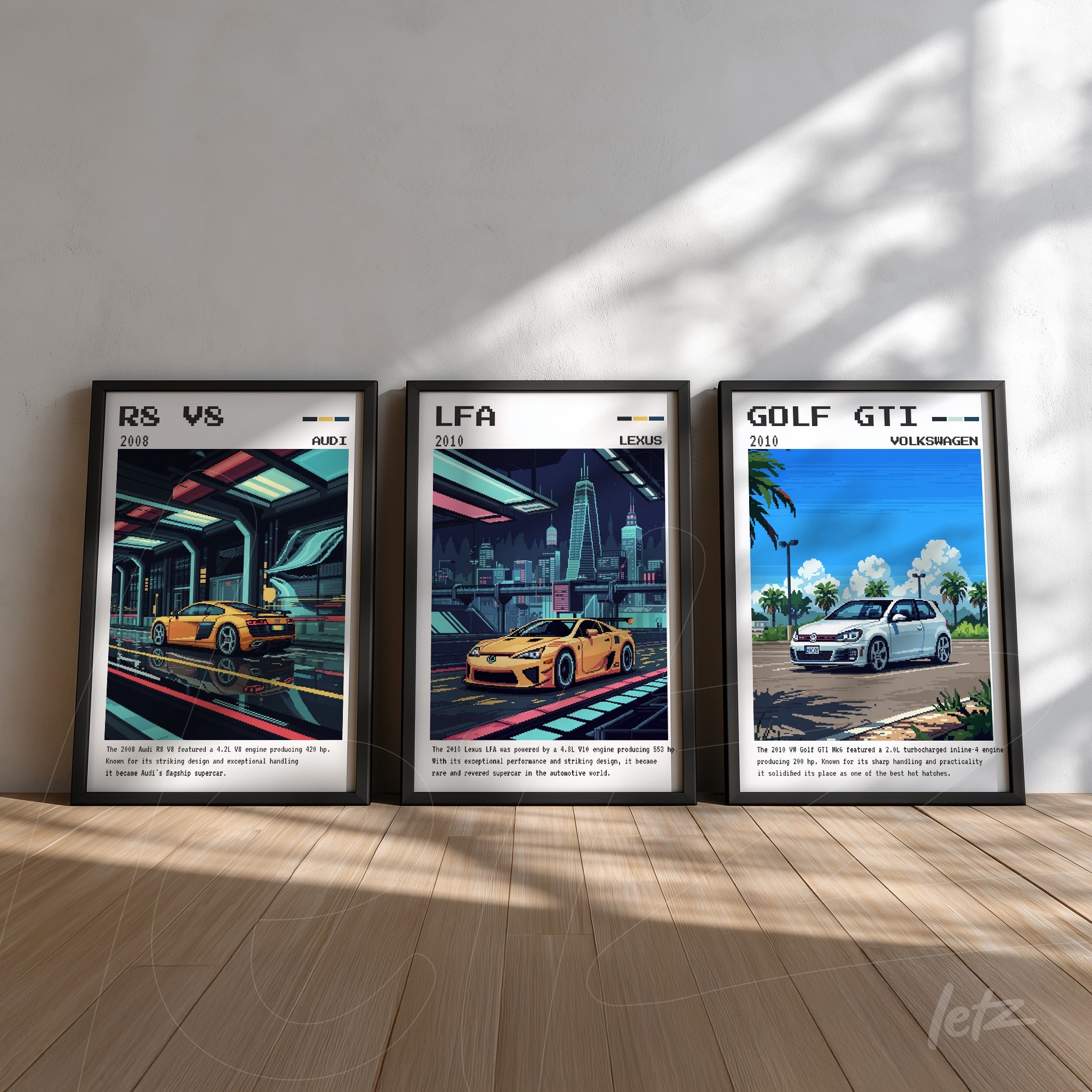 collection of framed illustrations featuring sporty cars, including Audi R8, Lexus LFA, and Volkswagen Golf GTI, placed against a light wall background