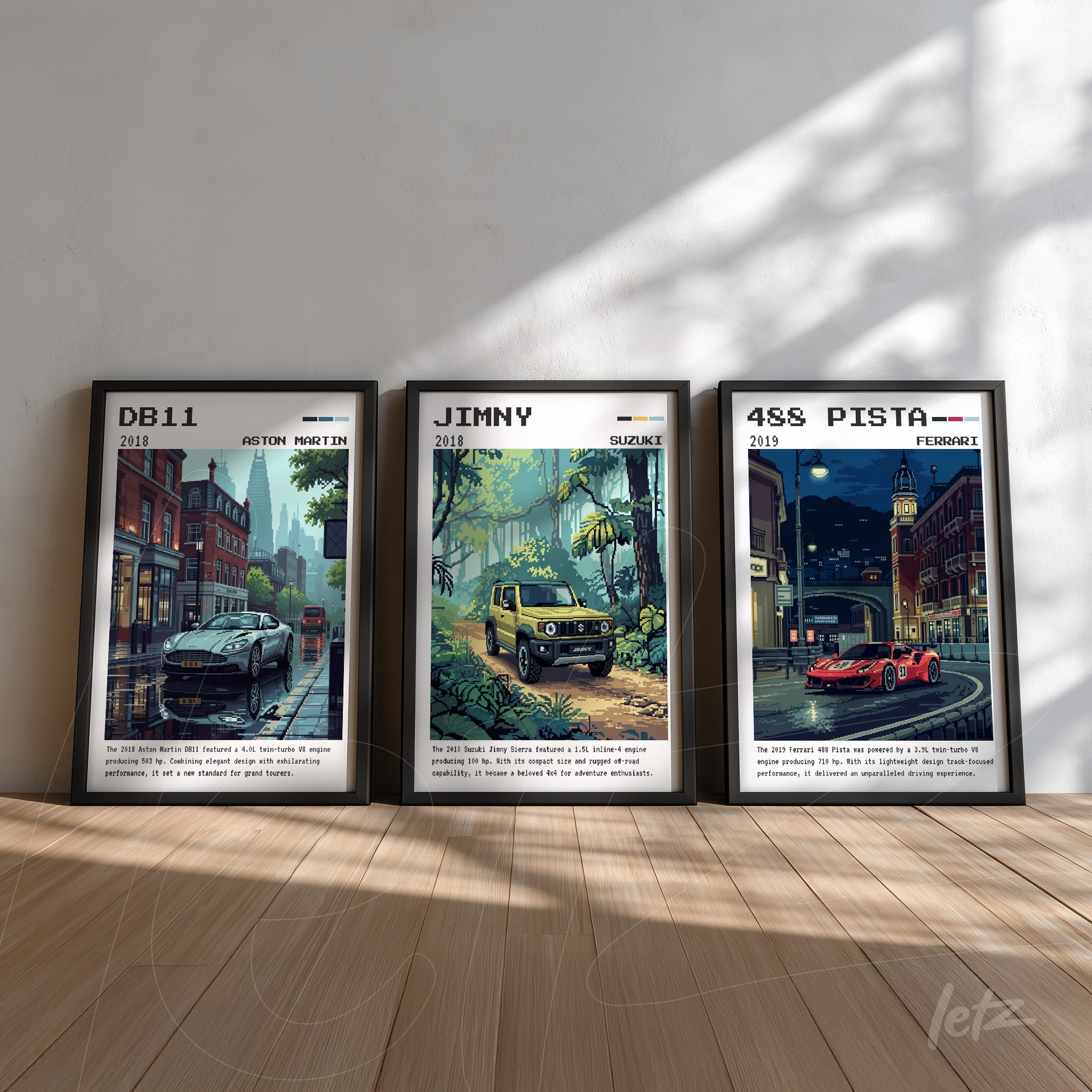 composition with three framed artworks depicting cars: Aston Martin DB11 in urban setting, Suzuki Jimny in forest, and Ferrari 488 Pista in cityscape