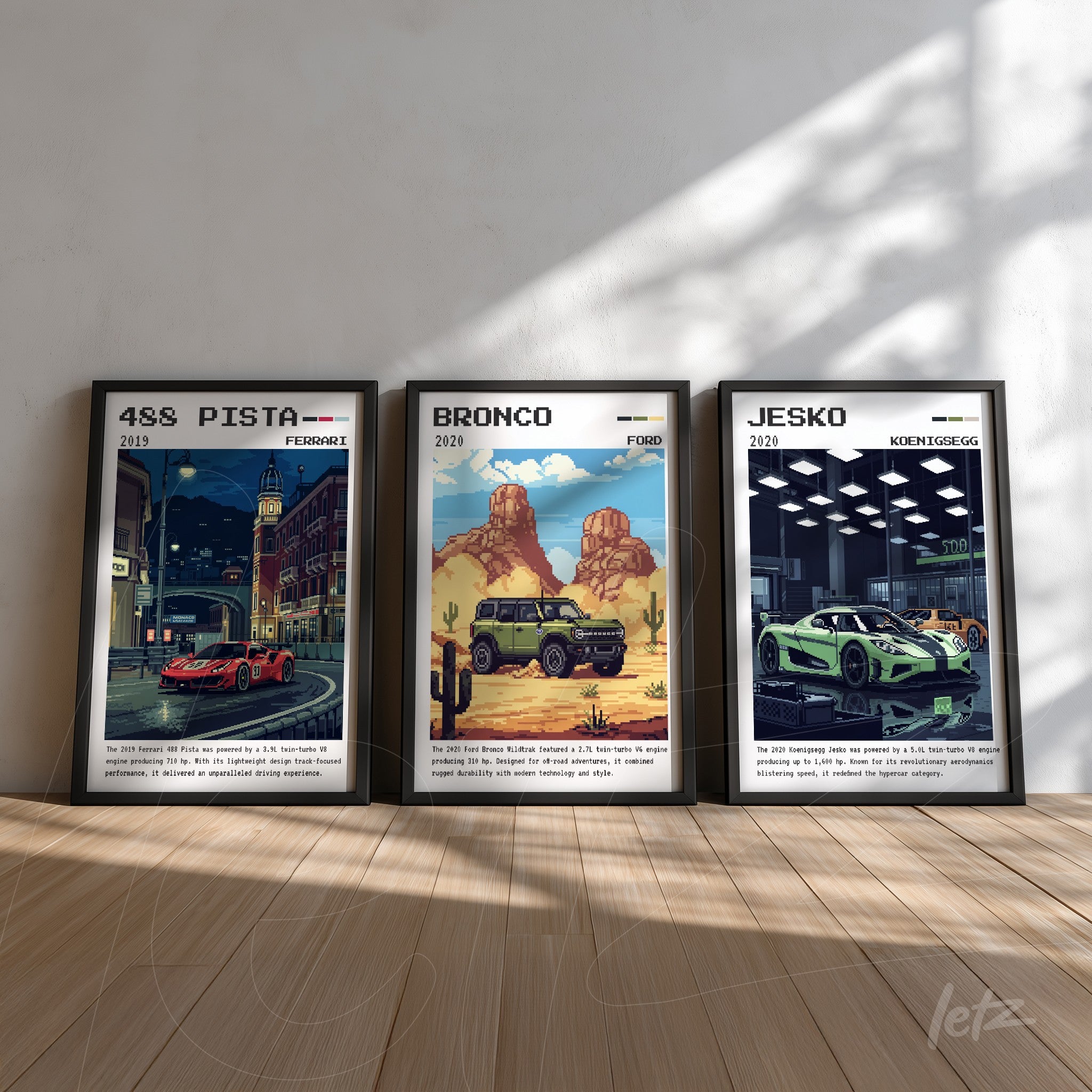 set of three framed artworks featuring iconic cars, including Ferrari 488 Pista, Ford Bronco, and Koenigsegg Jesko displayed against a light wooden floor