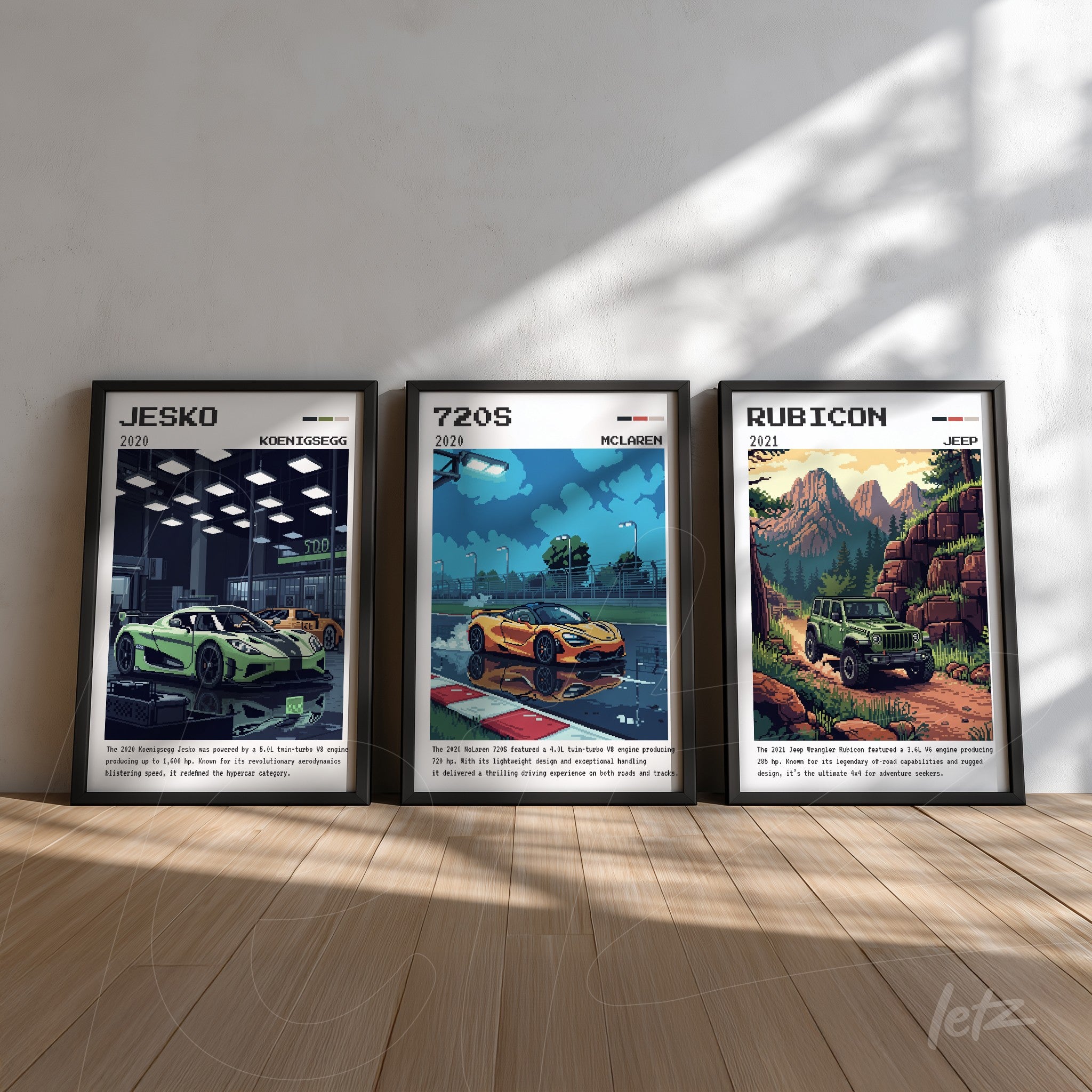 set of framed prints featuring sports car illustrations, including the Jesko, 720S, and Rubicon, displayed on light wall