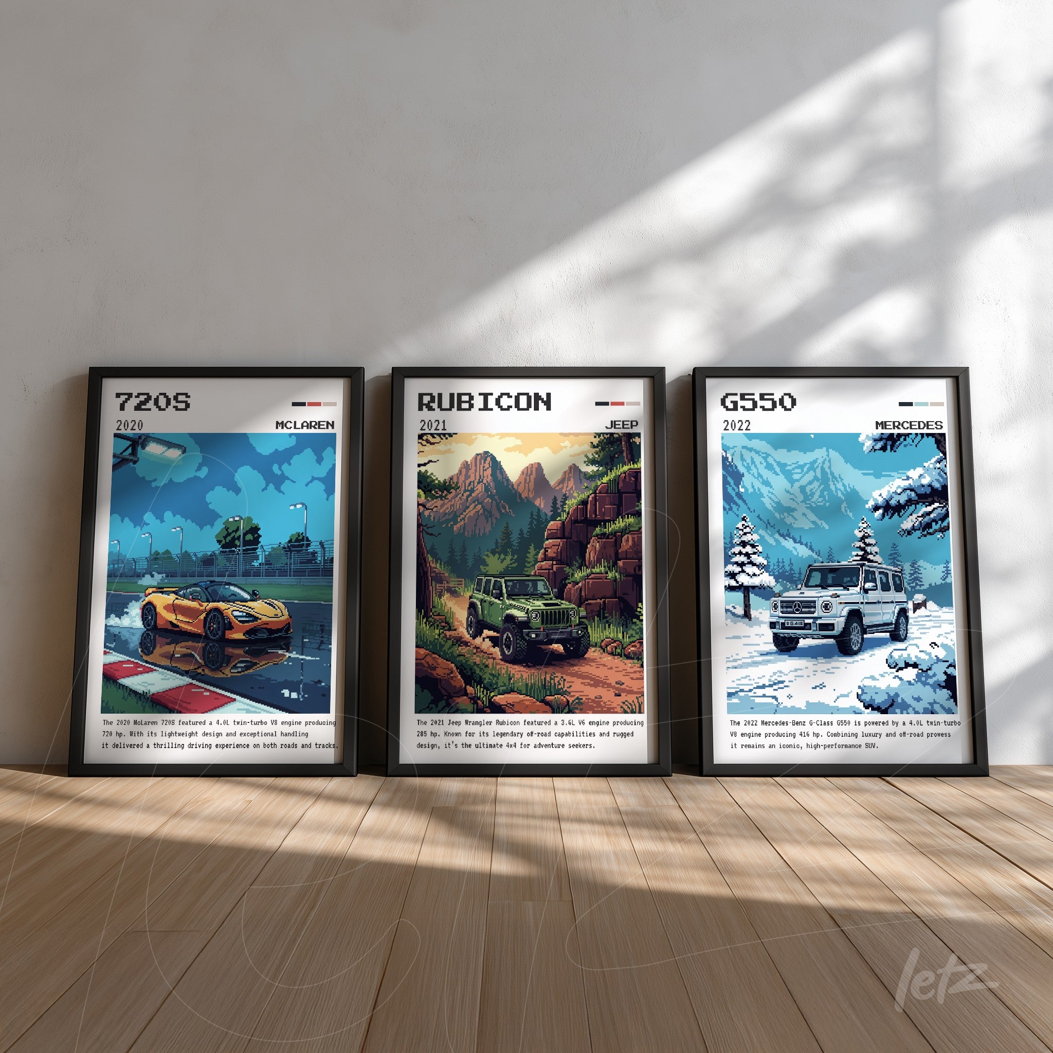 collection of framed wall art featuring cars, showcasing the McLaren 720S, Jeep Rubicon, and Mercedes G550, placed against a light backdrop