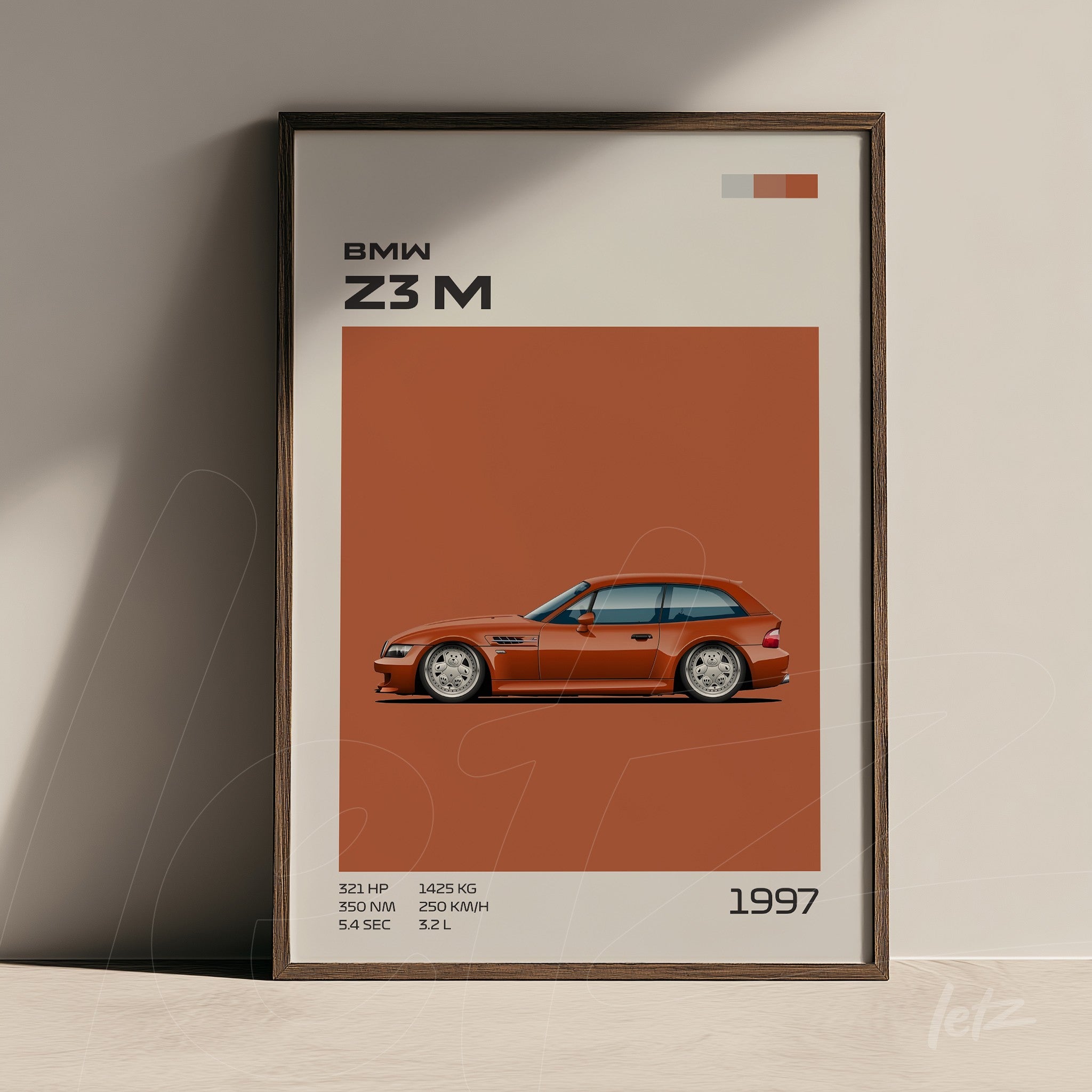 framed digital illustration of BMW Z3 M car against an orange background featuring visible details and specifications