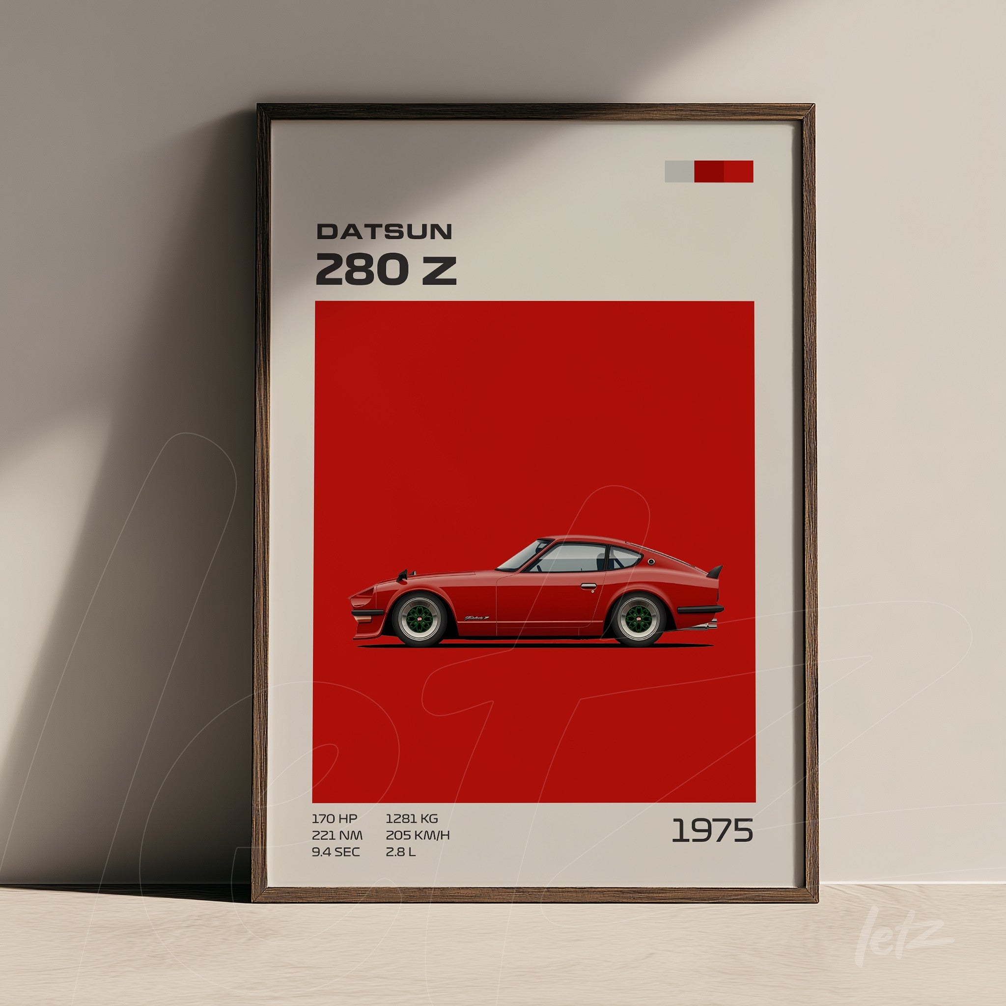 framed wall art featuring a Datsun 280 Z car illustration in dark wooden frame on red background