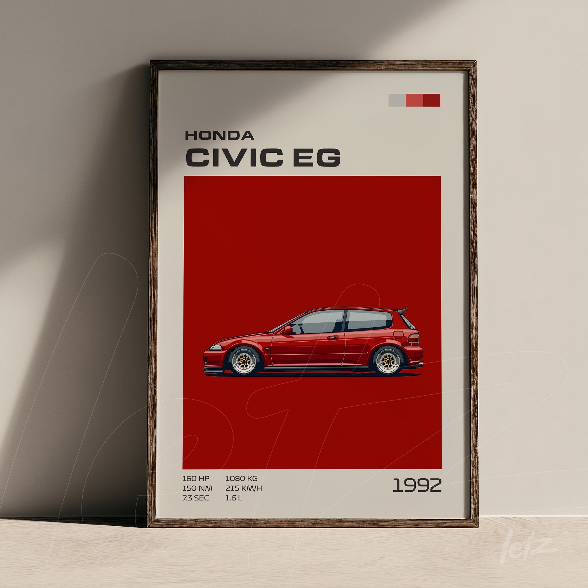 framed graphic artwork of Honda Civic EG on red background with wooden frame