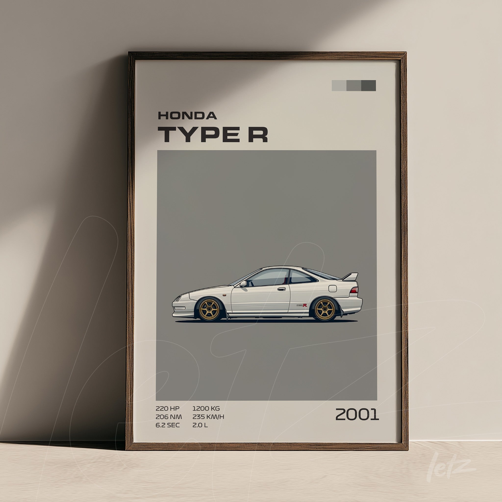 framed wall art featuring digital illustration of Honda Type R 2001 in dark wooden frame