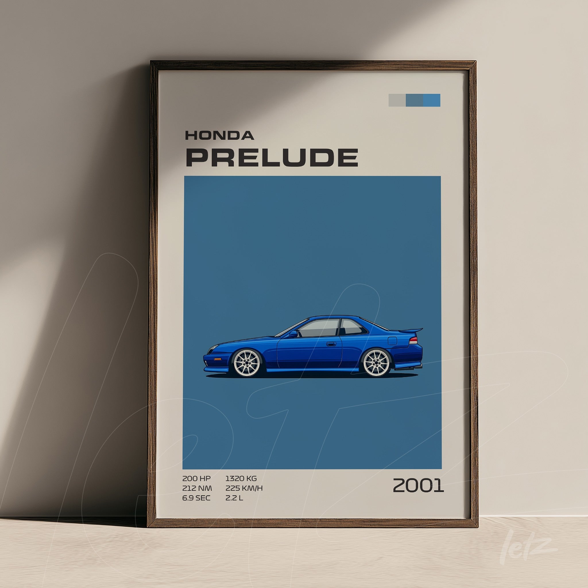 framed artwork of a 2001 Honda Prelude in blue on a blue background featuring technical specifications of the car