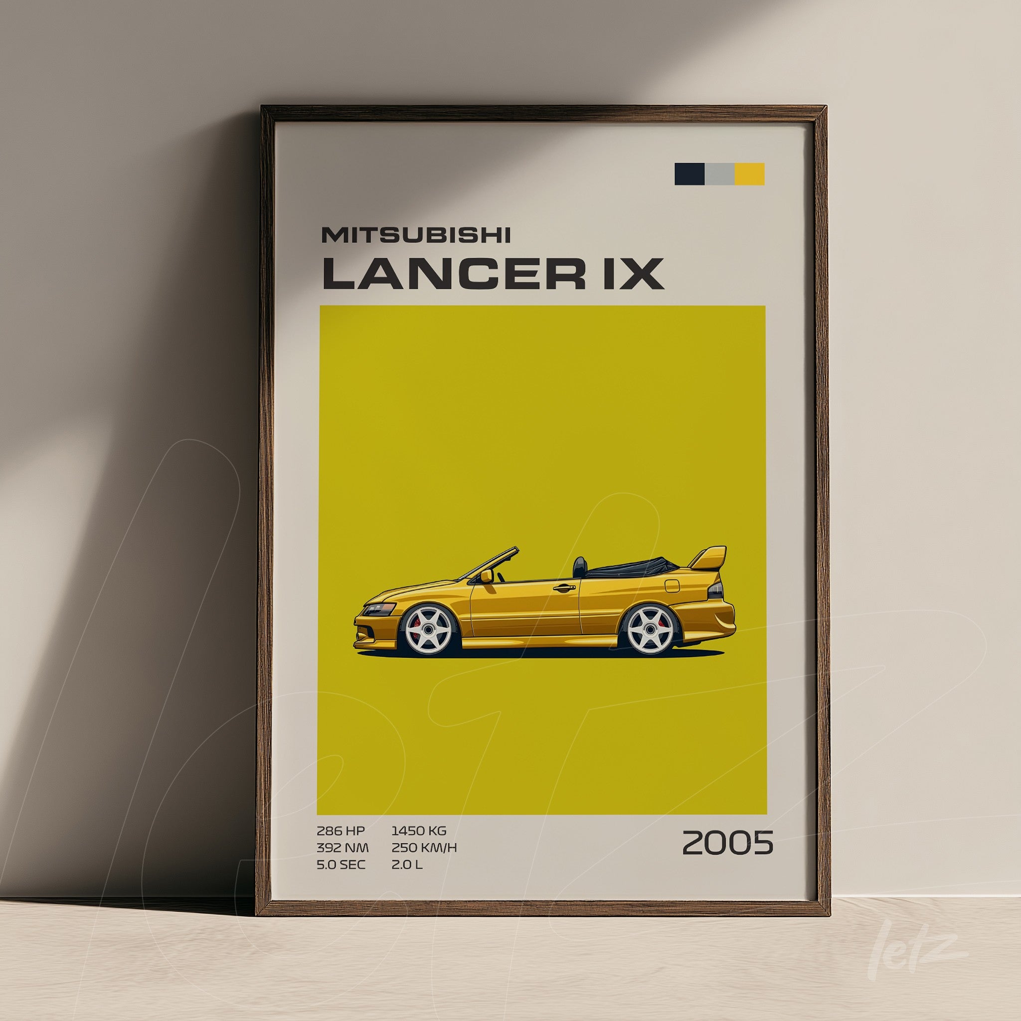 framed artwork featuring a stylized illustration of Mitsubishi Lancer IX on a vibrant yellow background with brown frame
