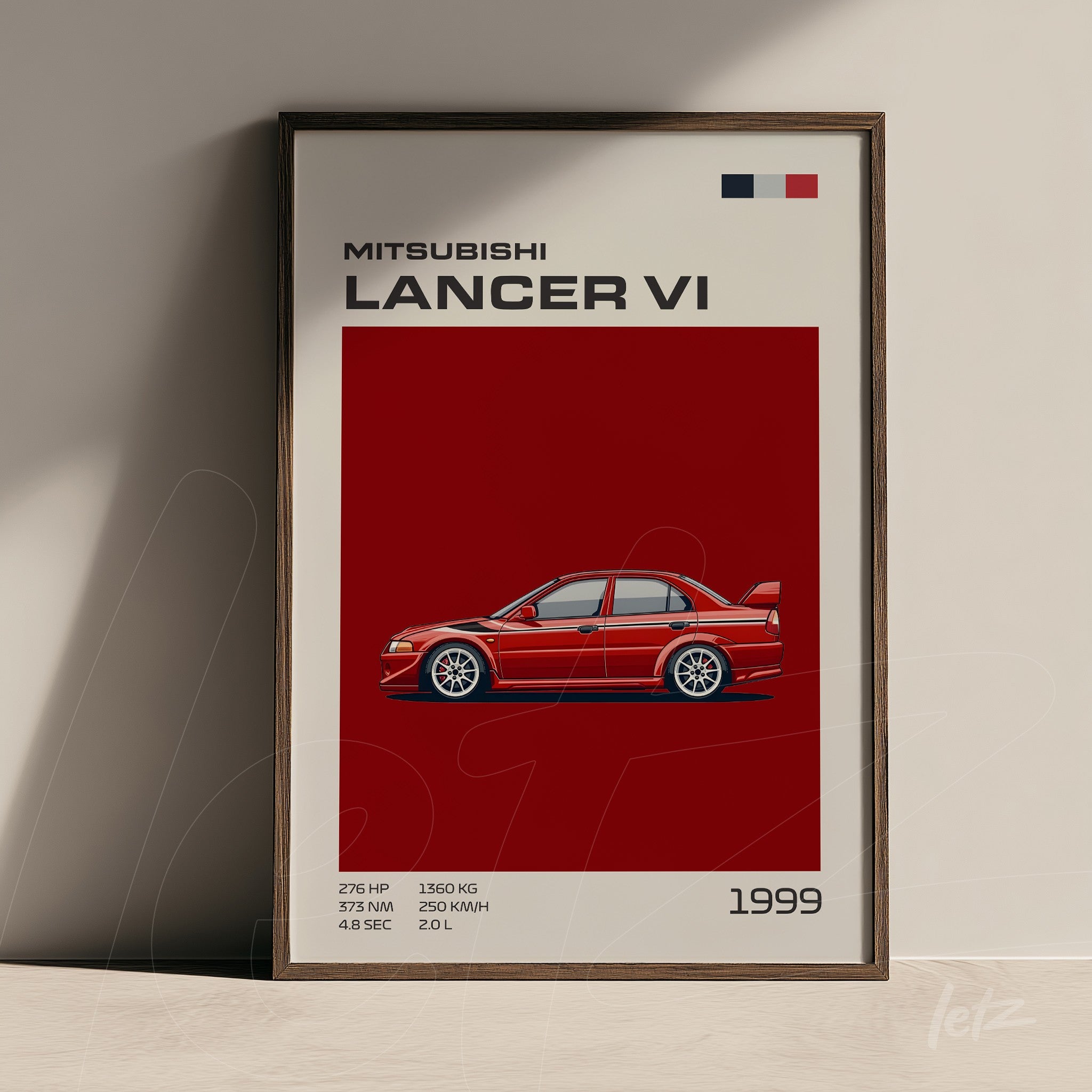 framed wall art featuring a minimalist illustration of the Mitsubishi Lancer VI on a red background with a dark wood frame
