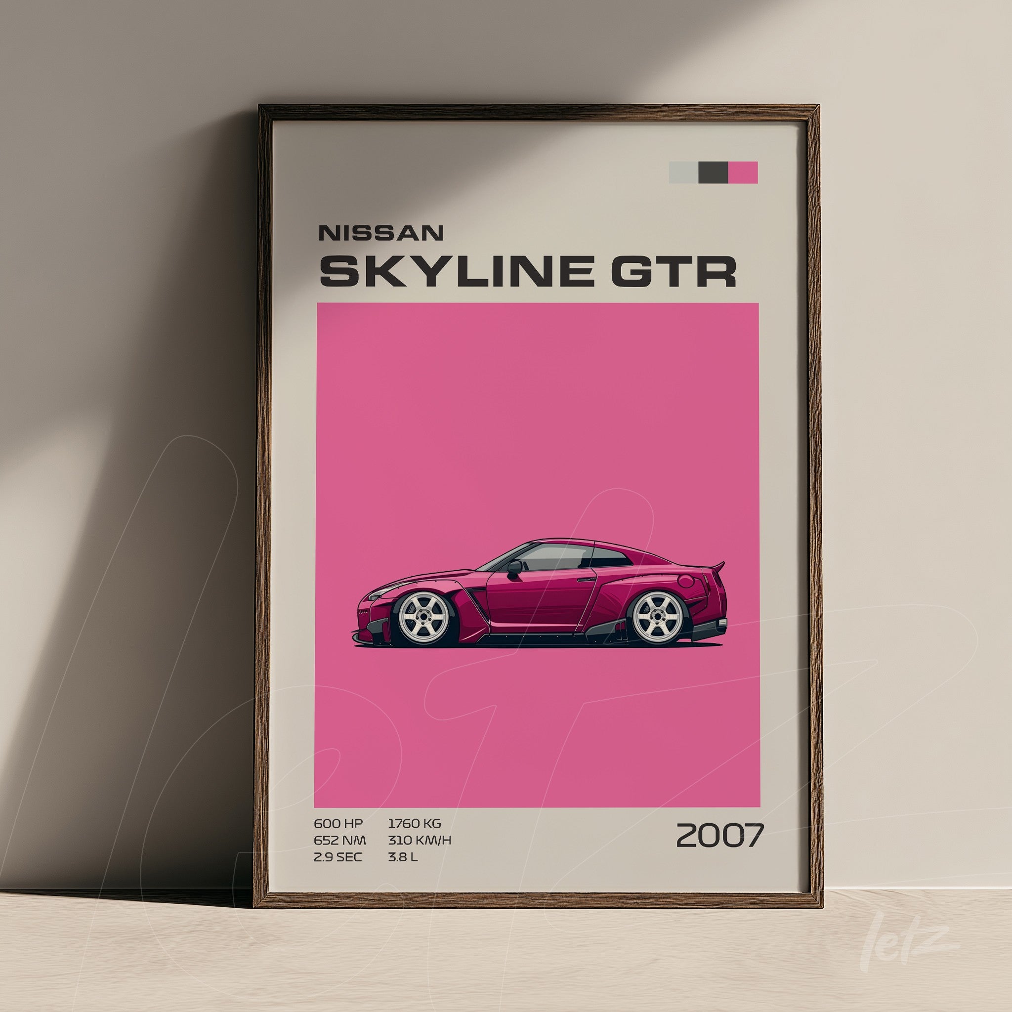 framed art featuring Nissan Skyline GTR illustration on pink background with slim frame