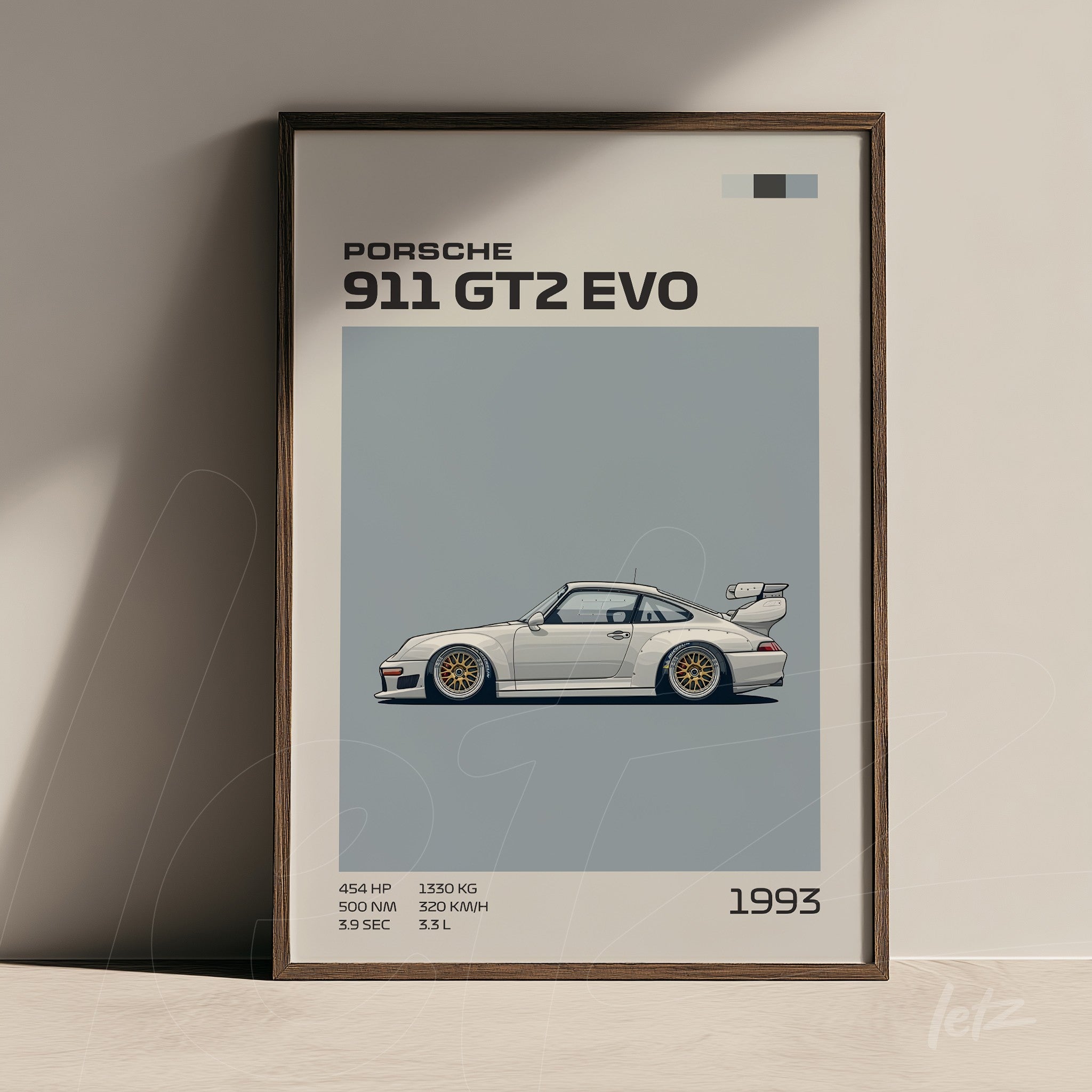 framed digital artwork of a 1993 Porsche 911 GT2 EVO showcasing a side illustration with technical details like horsepower and weight