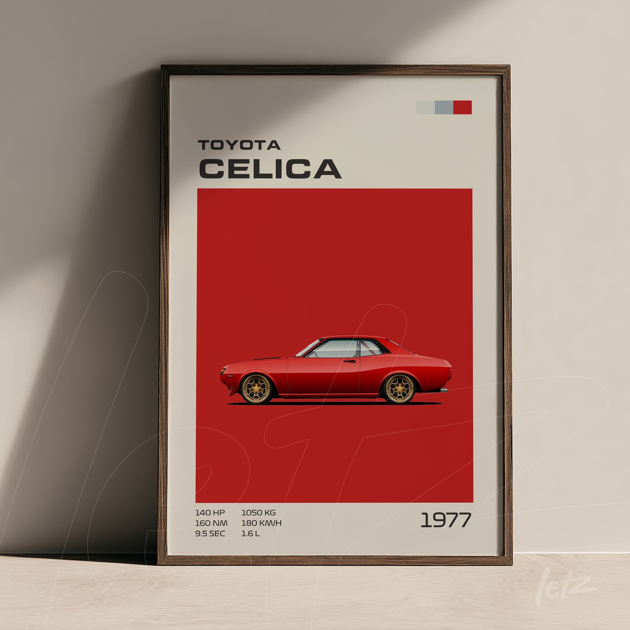 framed artwork featuring the 1977 Toyota Celica car illustration on vibrant red background with minimalist contours and light wood frame