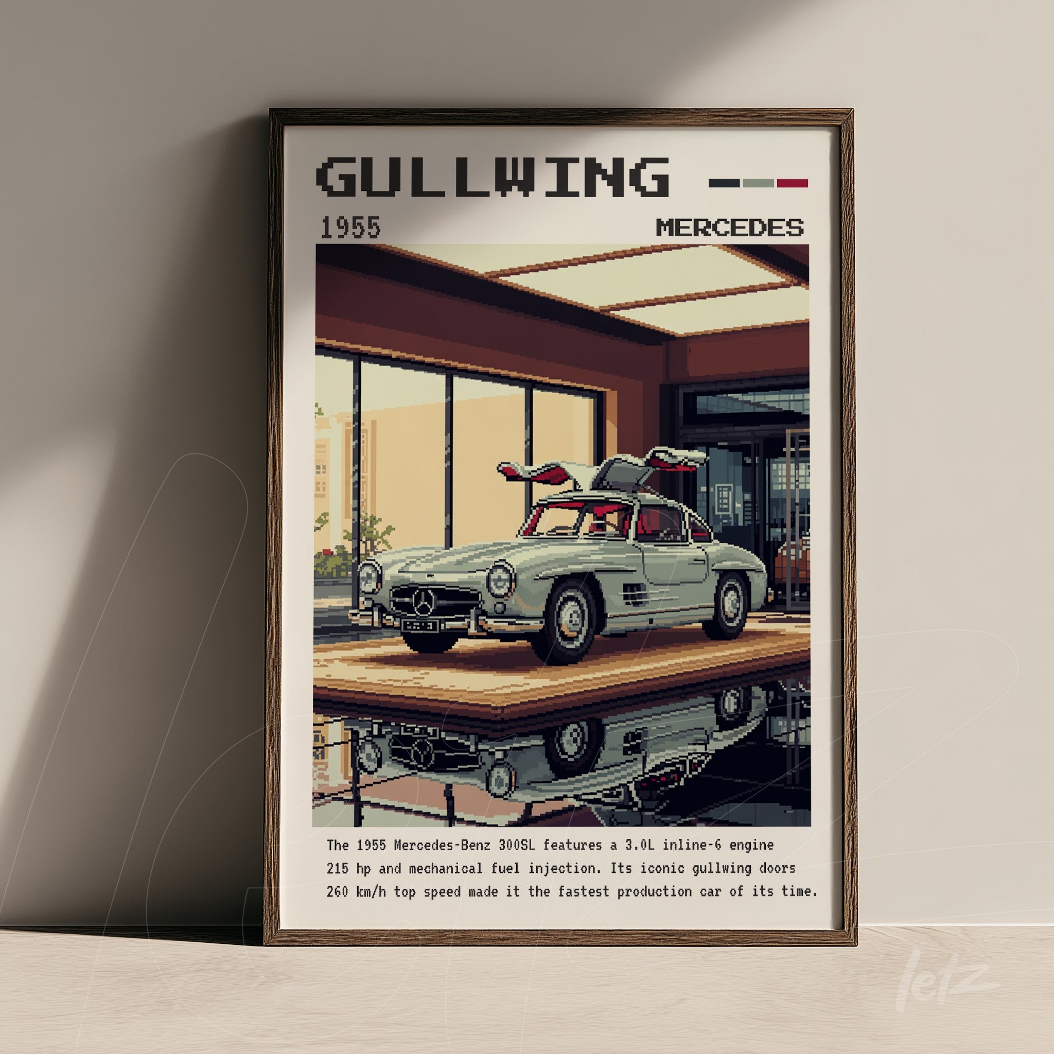 retro digital wall art of the 1955 Mercedes-Benz 300SL Gullwing in a brown frame, set against a stylish garage backdrop