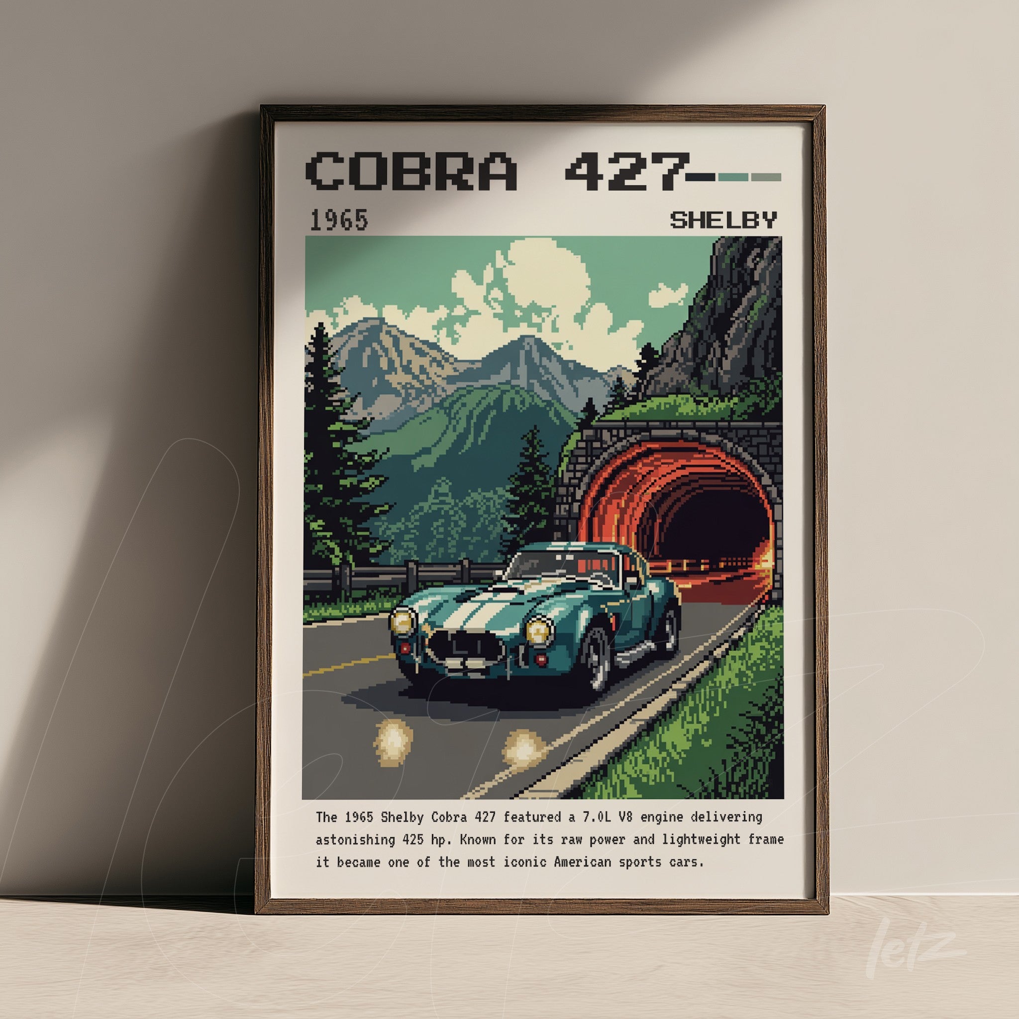 pixel art framed wall art of a Cobra 427 car on a mountain road with a tunnel, dark wooden frame