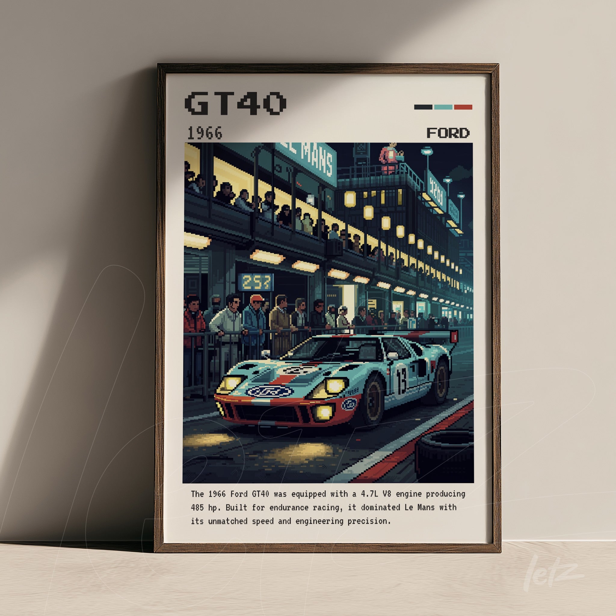 framed digital art of the 1966 Ford GT40 race car in a racing pit scene