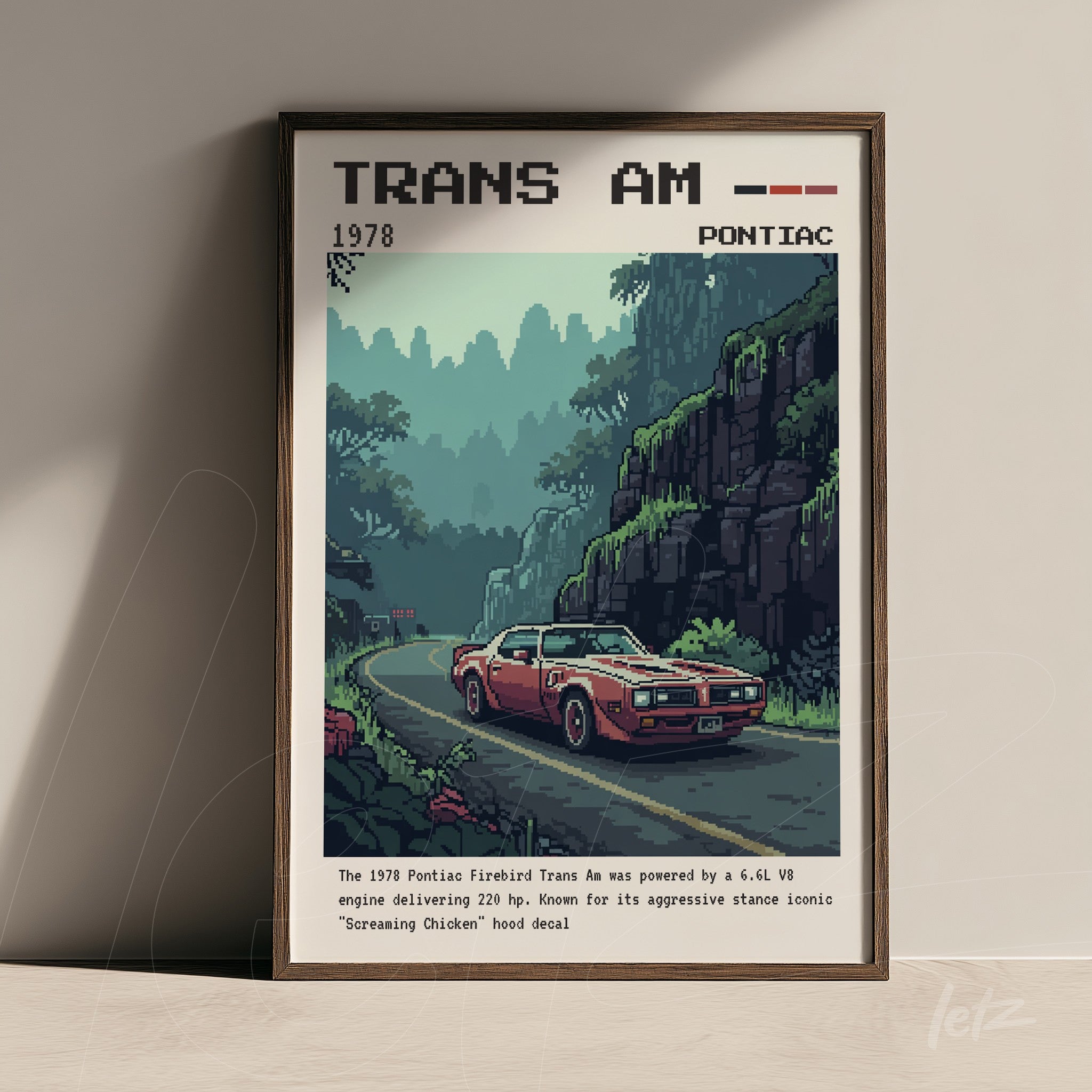pixel art framed print of pontiac trans am on winding road with mountains in the background and brown frame