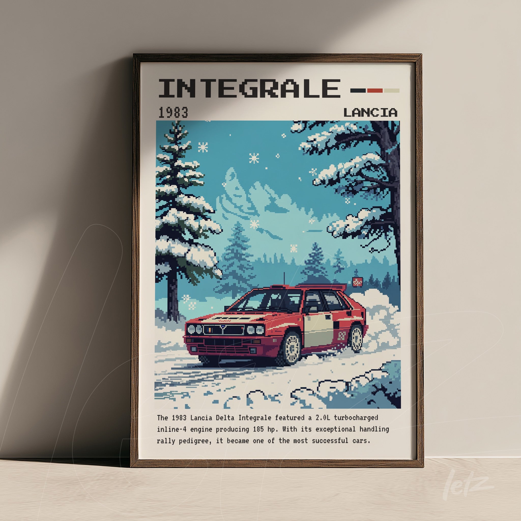 pixel art framed illustration of Lancia Delta Integrale car in a winter landscape with snow-covered trees