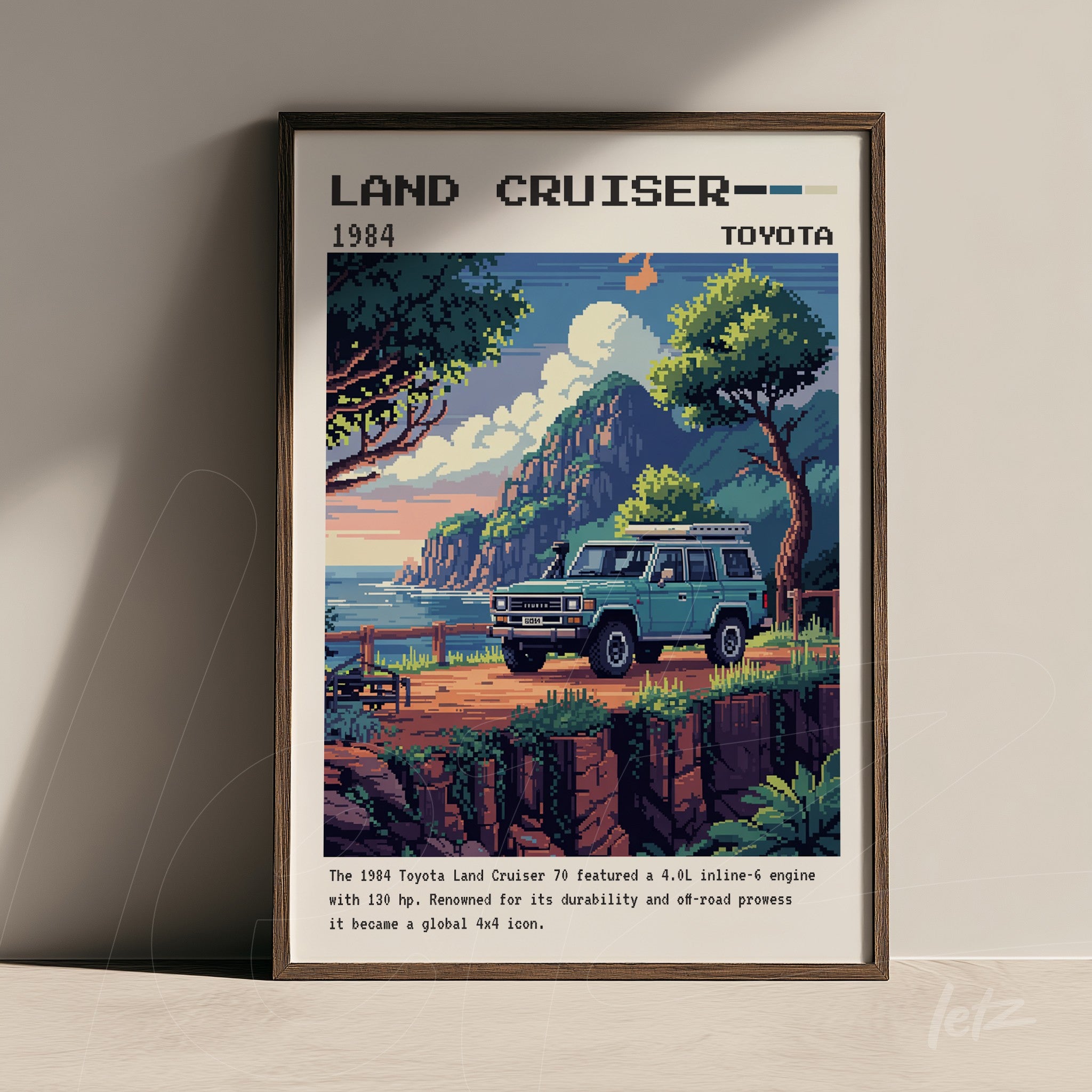 pixel art framed print of a 1984 toyota land cruiser in a mountainous landscape with dark frame