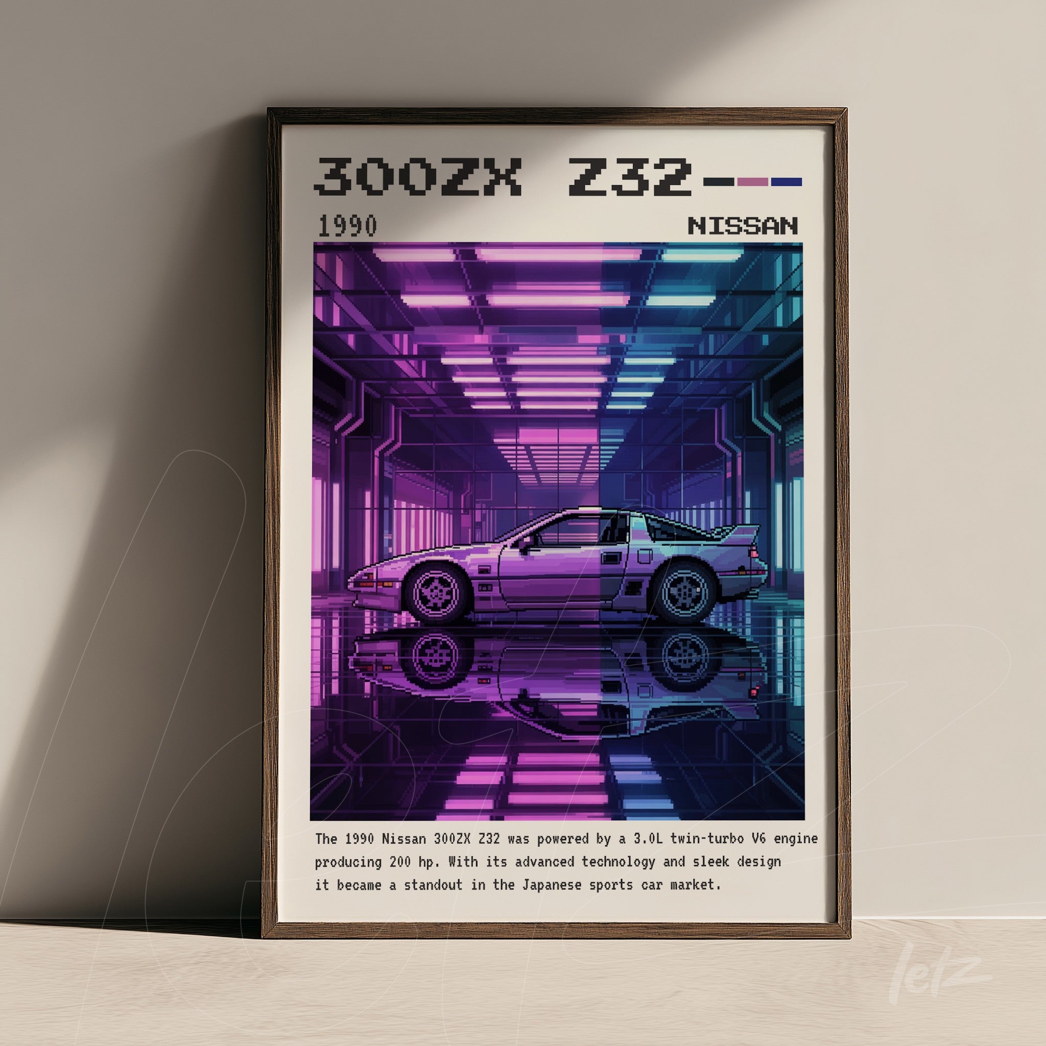 framed retro artwork of Nissan 300ZX Z32 car with dark brown frame set against a neon-lit background