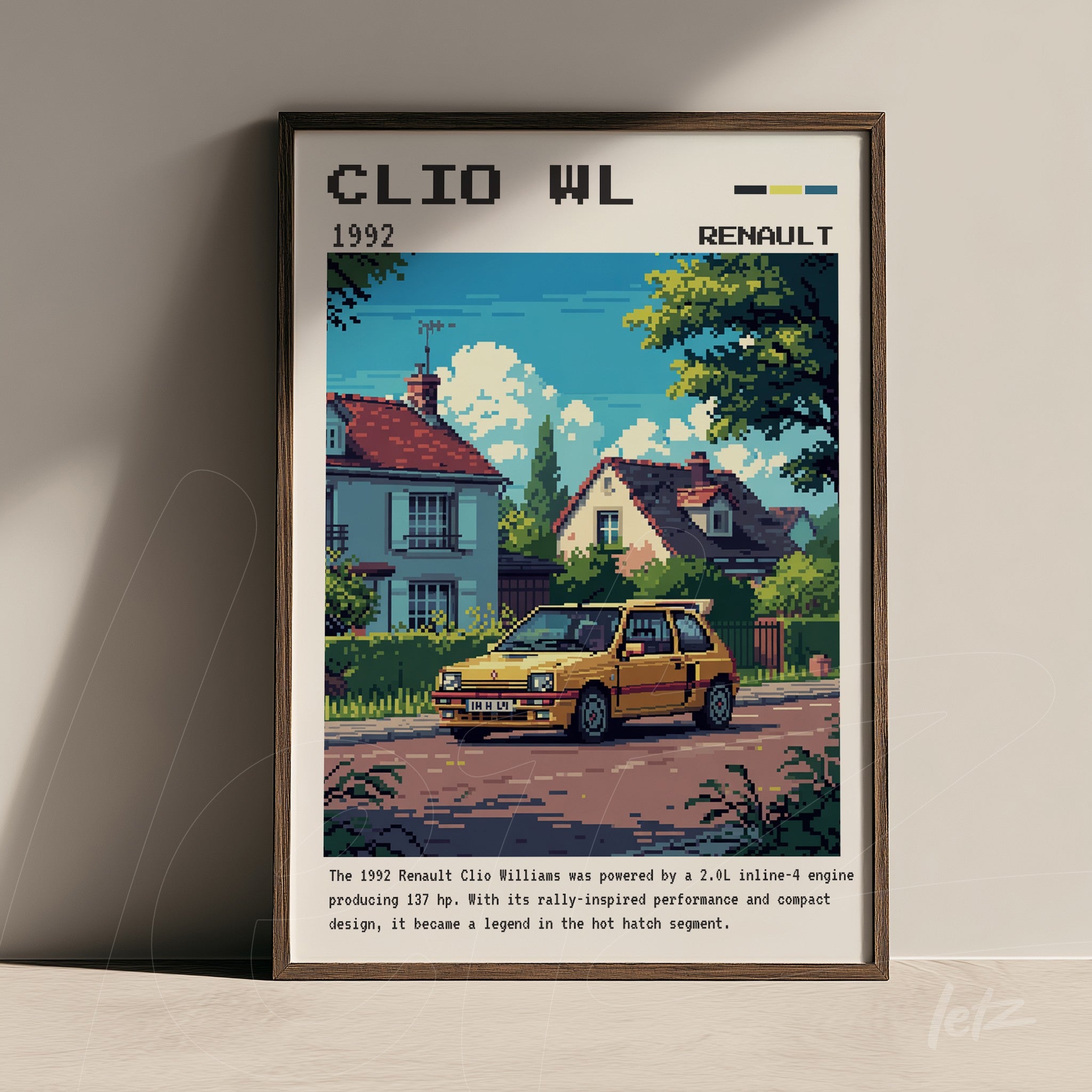 framed digital art of a 1992 Renault Clio Williams in a peaceful street scene with houses and trees featuring the yellow car