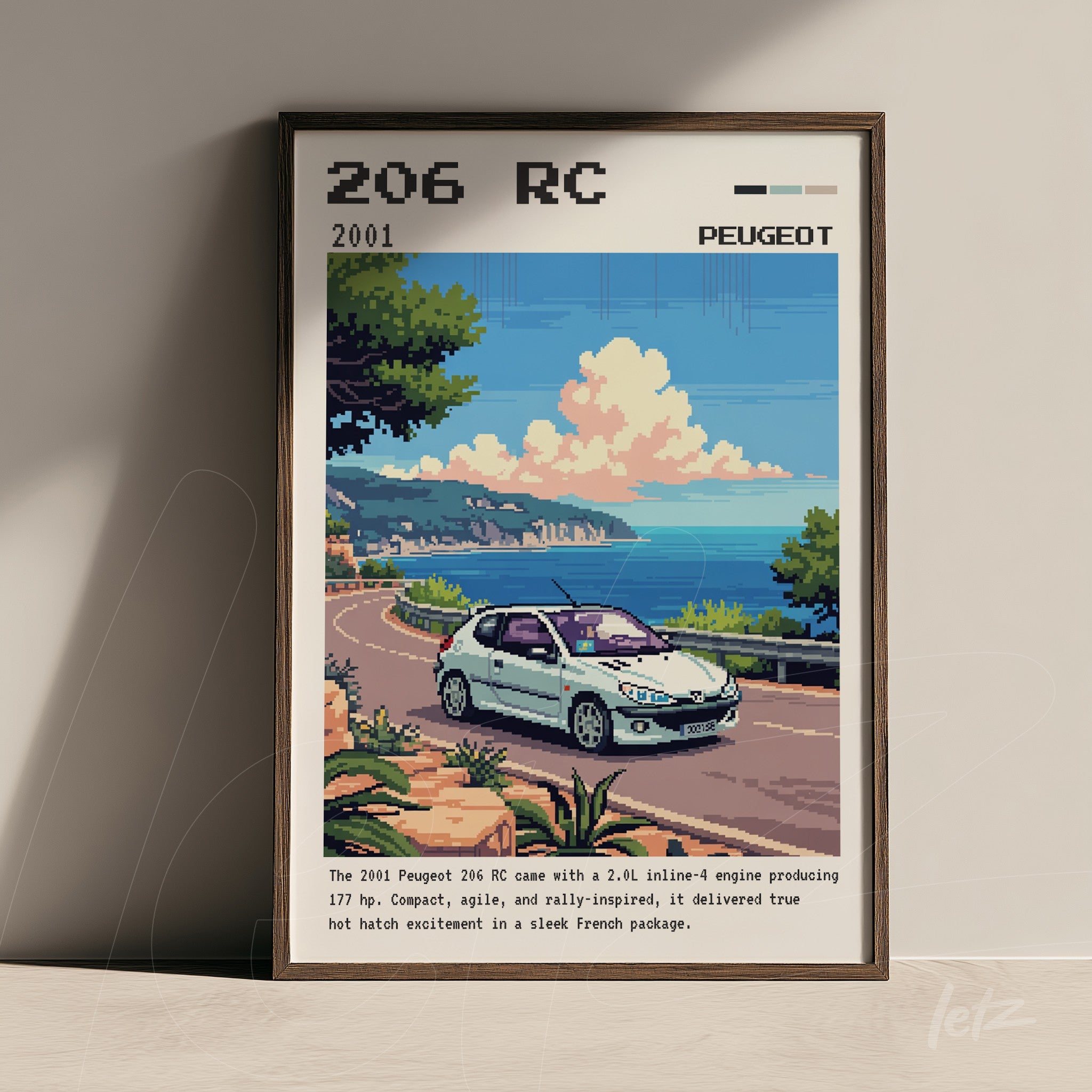 pixel art framed wall art of a Peugeot 206 RC car driving along a coastal road surrounded by greenery