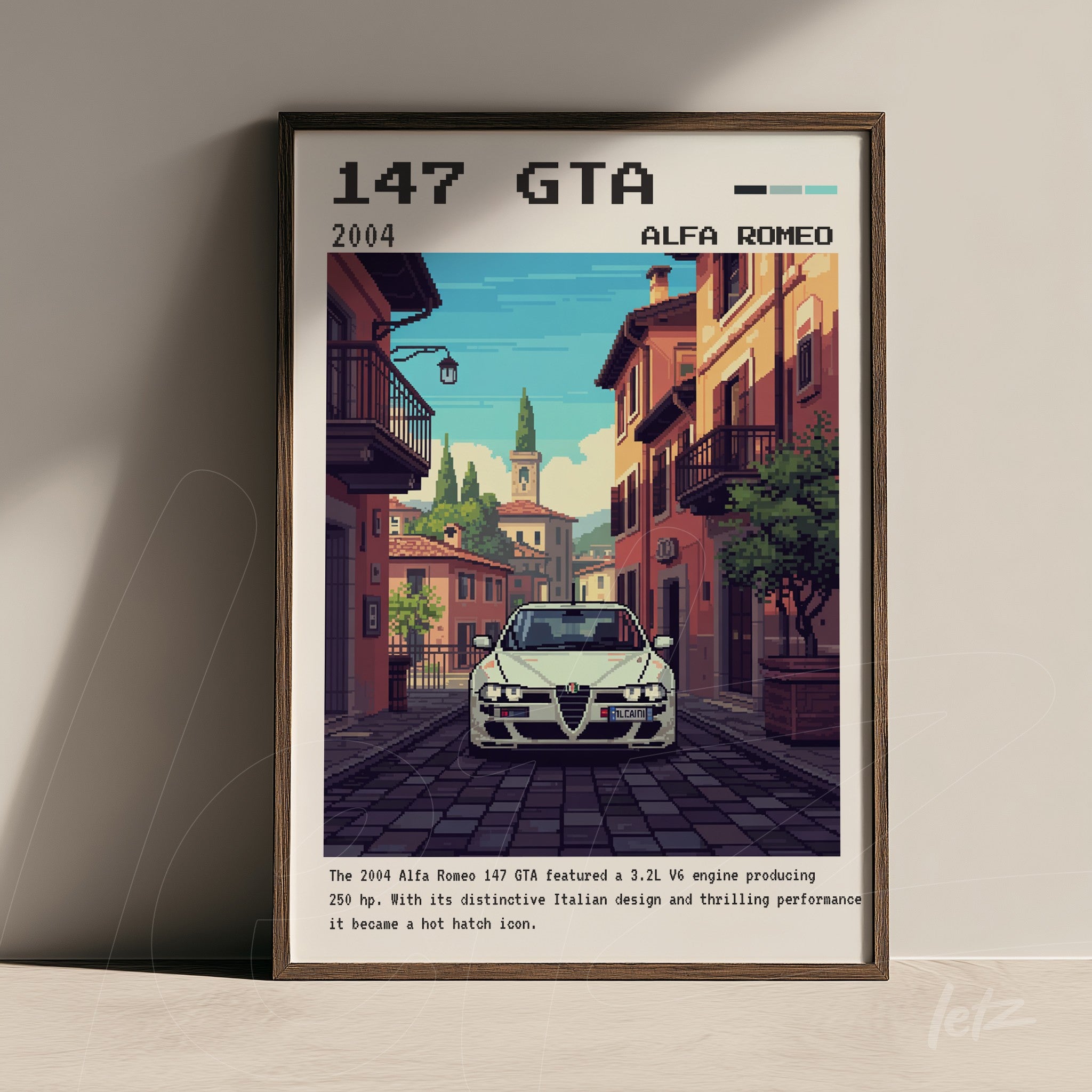 pixel art wall decor featuring alfa romeo 147 gta in a charming european street with italian architecture and dark frame